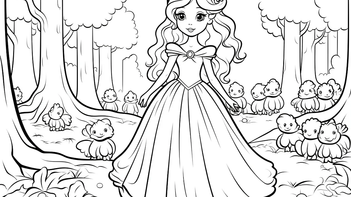 Ausmalbild Prinzessin im Wald Vögel