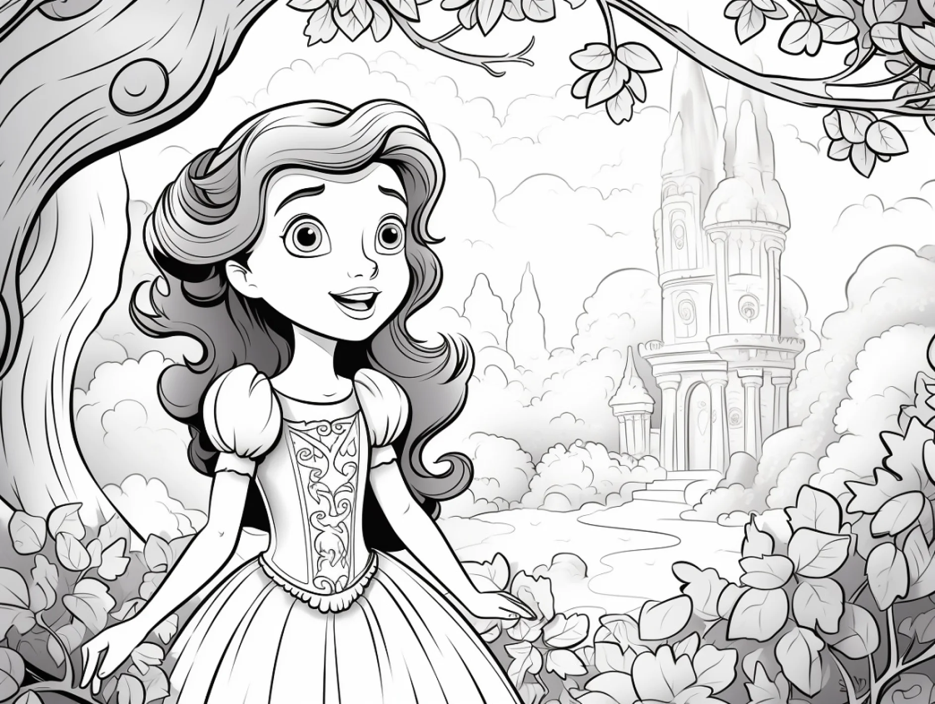 Vorlage Prinzessin in Wald mit Schlossansicht zum Ausmalen Ausmalbild Prinzessin in Wald mit Schlossansicht