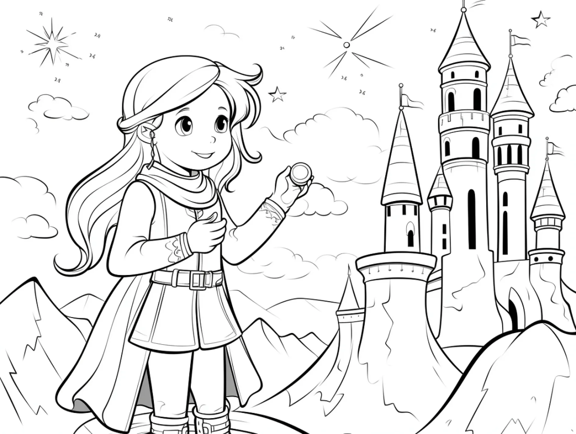 Vorlage Prinzessin mit Apfel bei Schloss auf Berg zum Ausmalen Ausmalbild Prinzessin mit Apfel bei Schloss auf Berg