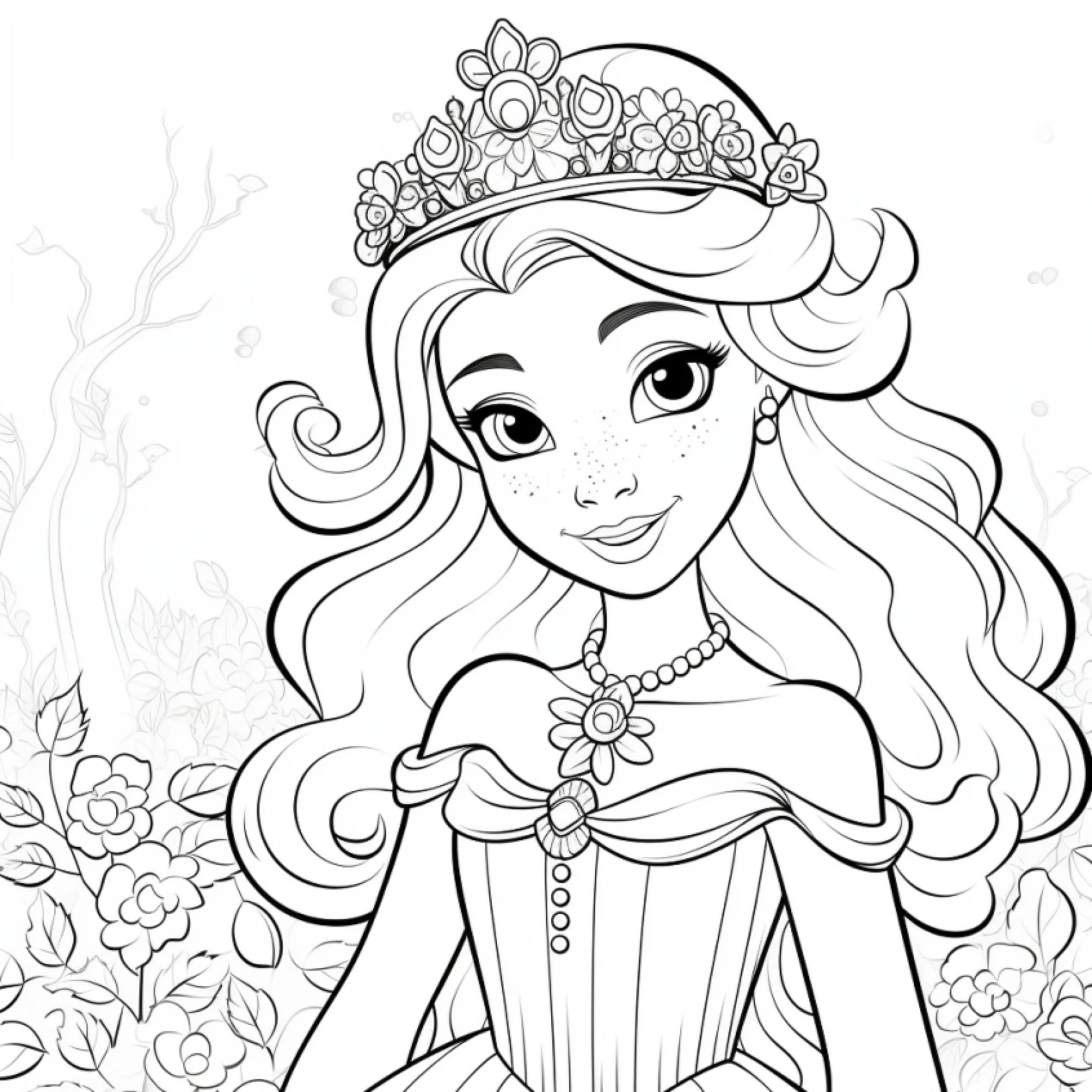 Vorlage Prinzessin mit Blumenkranz im Haar und Perlenkette zum Ausmalen Ausmalbild Prinzessin mit Blumenkranz im Haar und Perlenkette