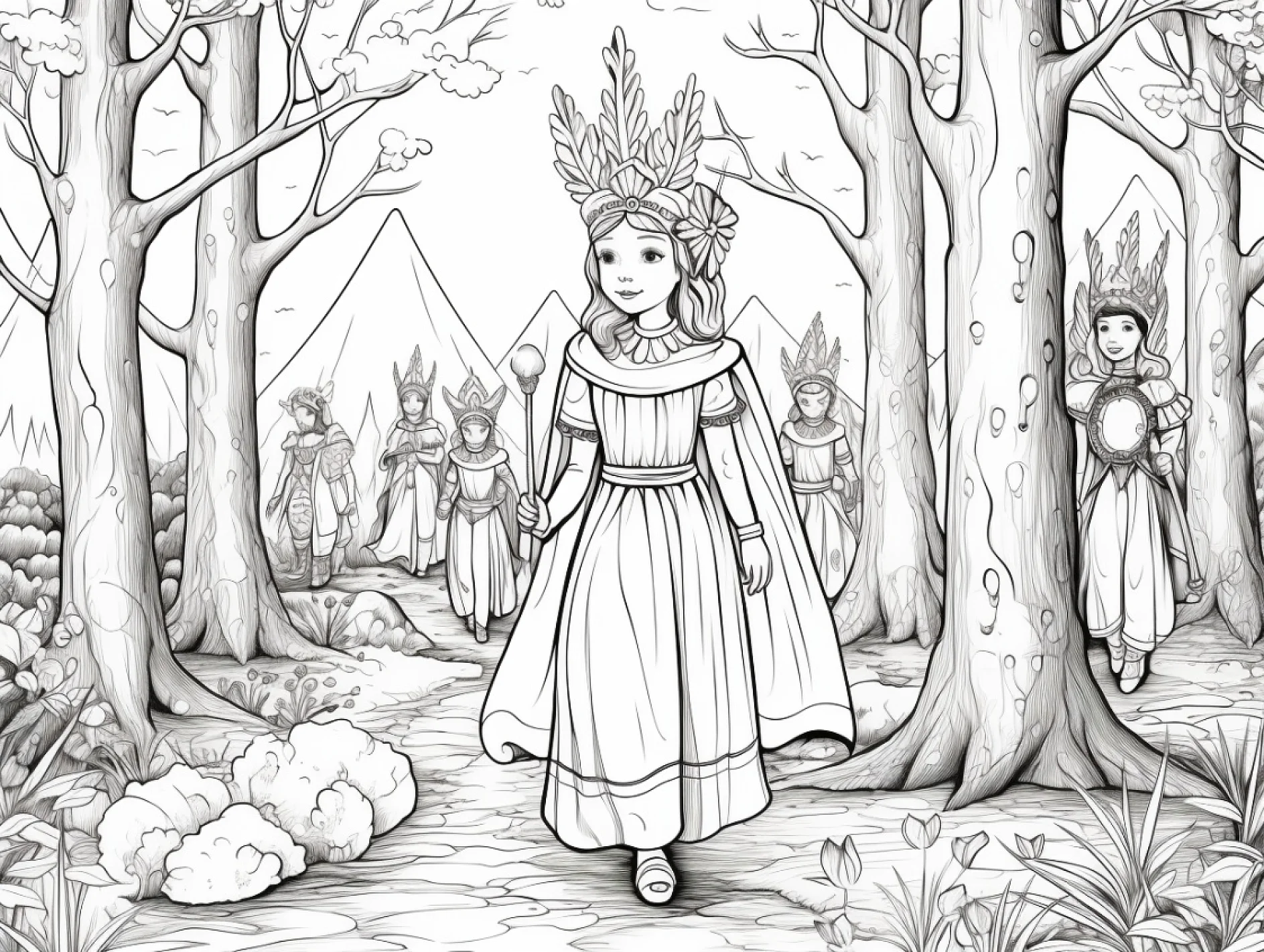 Vorlage Prinzessin mit Krone im Wald und Wachen im Hintergrund zum Ausmalen Ausmalbild Prinzessin mit Krone im Wald und Wachen im Hintergrund
