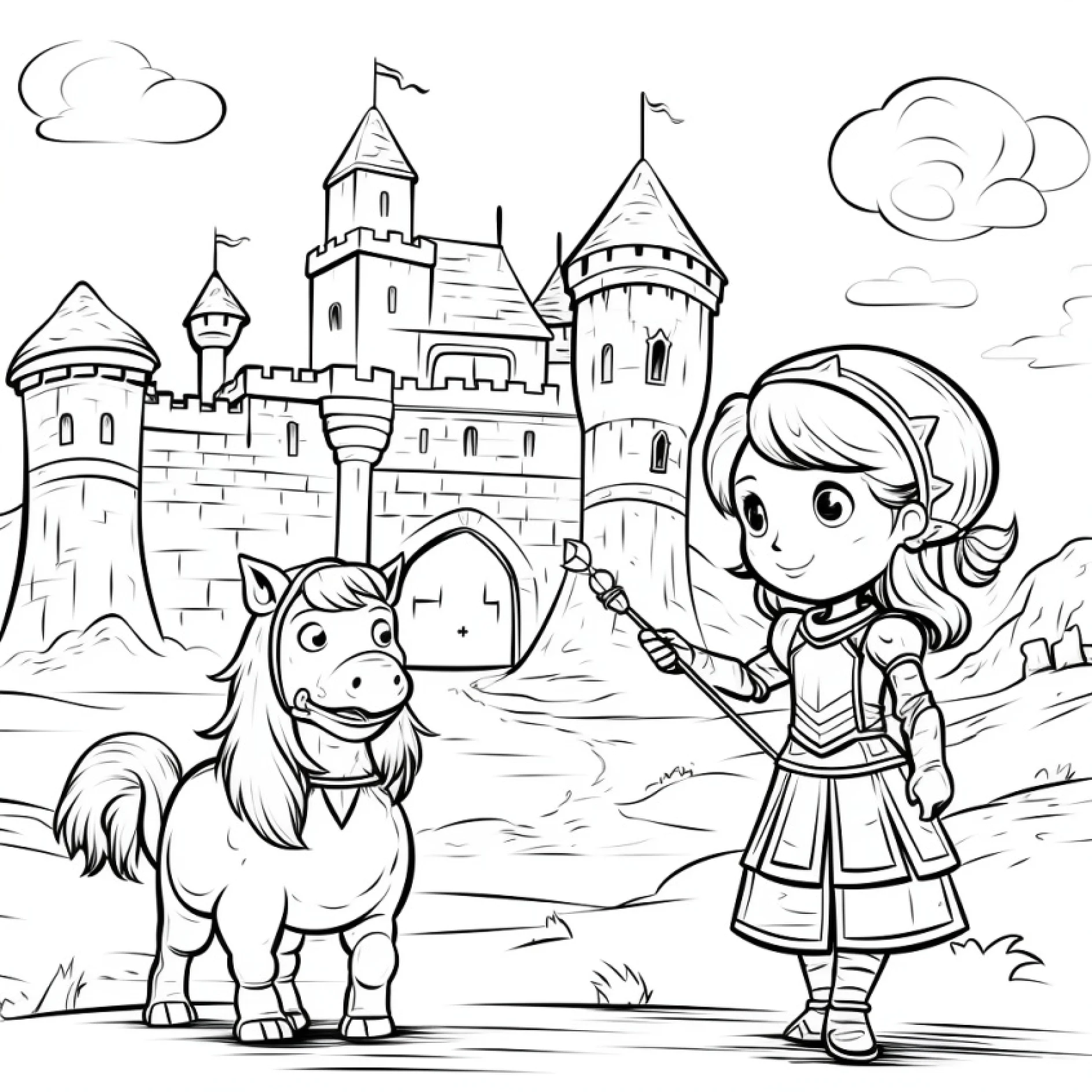Vorlage Prinzessin mit Pony vor Schlosskulisse zum Ausmalen Ausmalbild Prinzessin mit Pony vor Schlosskulisse