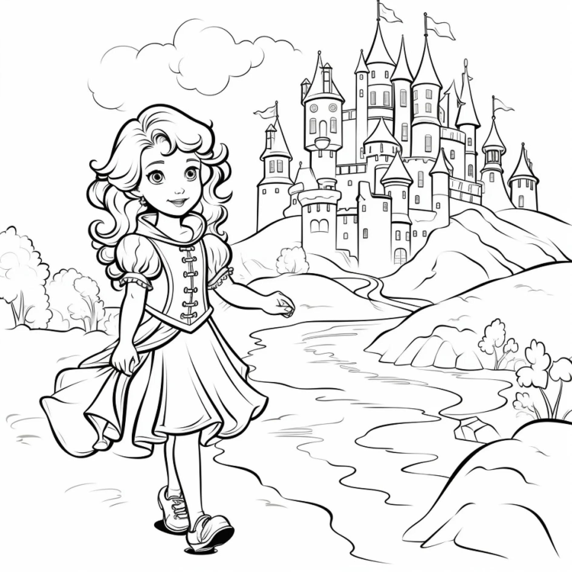 Vorlage Prinzessin spaziert am Fluss mit Schloss im Hintergrund zum Ausmalen Ausmalbild Prinzessin spaziert am Fluss mit Schloss im Hintergrund