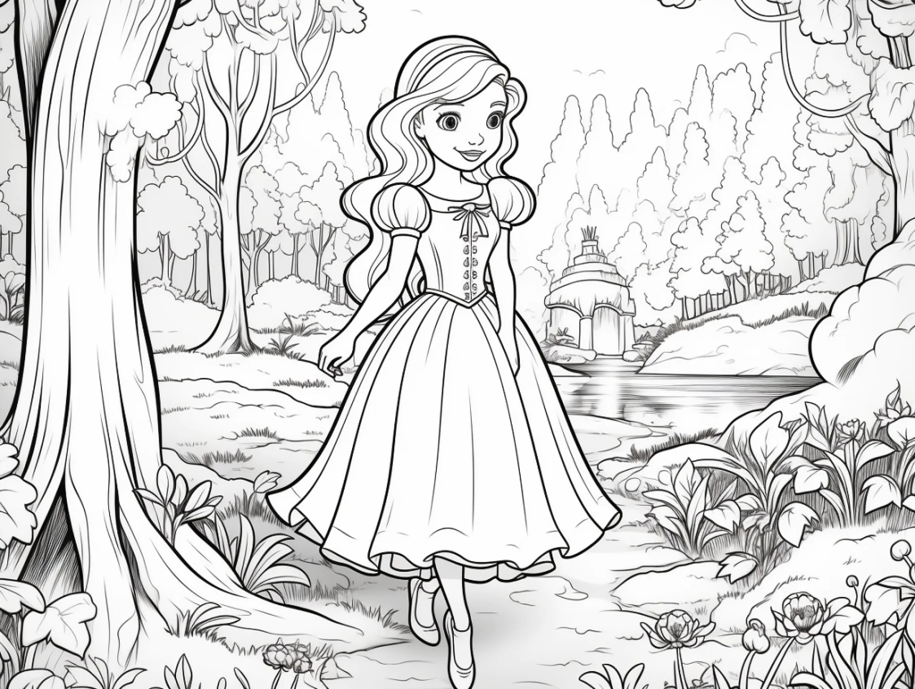 Vorlage Prinzessin spaziert in Waldlandschaft mit Brücke zum Ausmalen Ausmalbild Prinzessin spaziert in Waldlandschaft mit Brücke