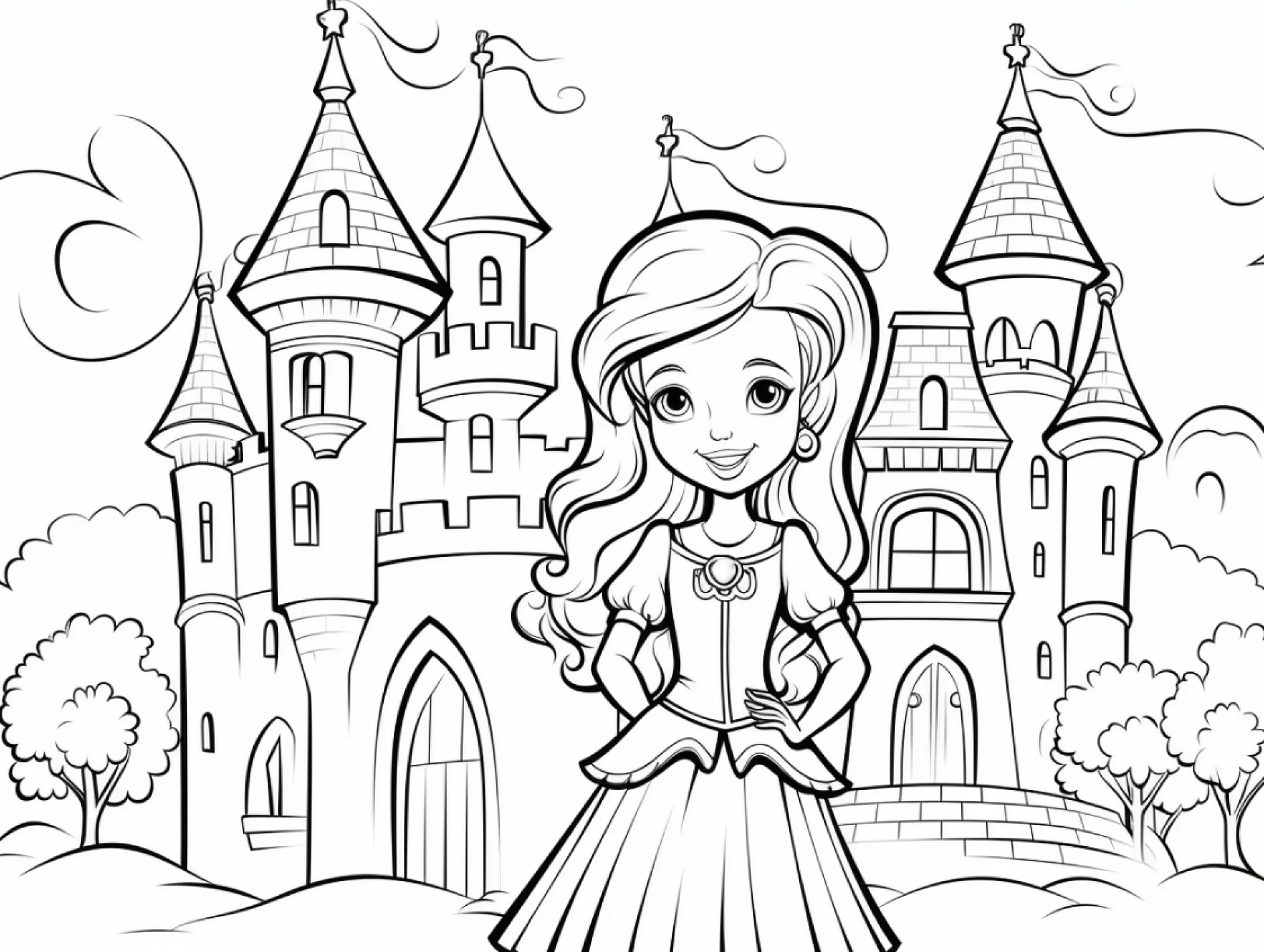 Vorlage Prinzessin steht vor Märchenschloss mit Bäumen zum Ausmalen Ausmalbild Prinzessin steht vor Märchenschloss mit Bäumen