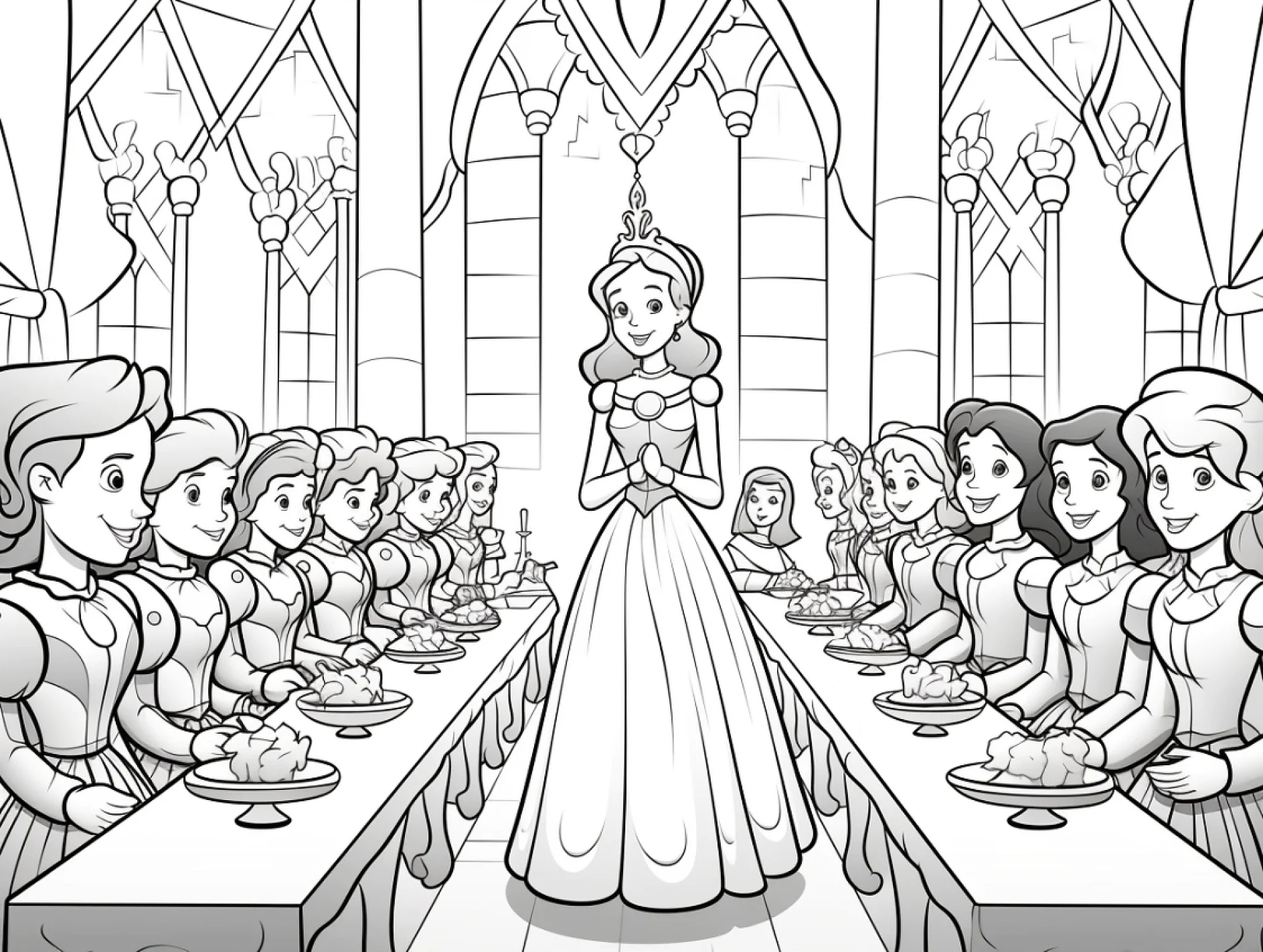 Vorlage Prinzessin steht vor Tafelrunde in großer Halle zum Ausmalen Ausmalbild Prinzessin steht vor Tafelrunde in großer Halle