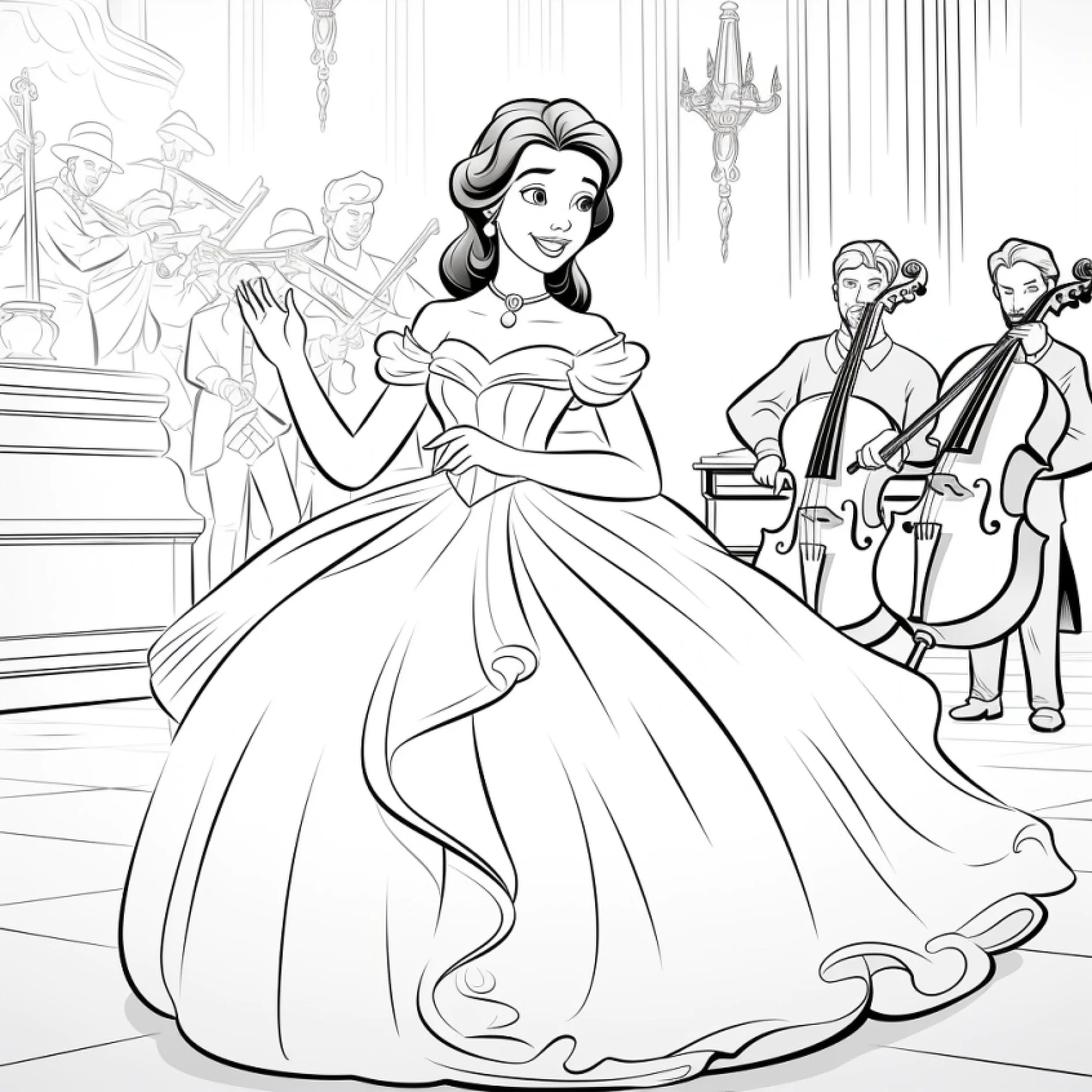 Vorlage Prinzessin tanzt im Ballsaal mit Orchester zum Ausmalen Ausmalbild Prinzessin tanzt im Ballsaal mit Orchester