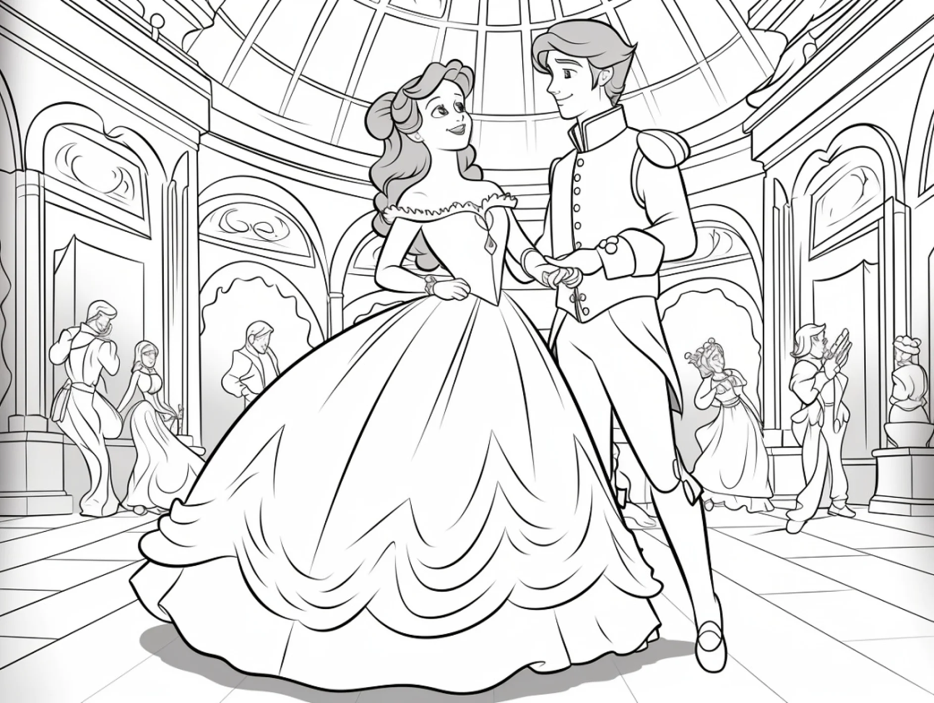Vorlage Prinzessin tanzt mit Prinzen im Ballsaal zum Ausmalen Ausmalbild Prinzessin tanzt mit Prinzen im Ballsaal