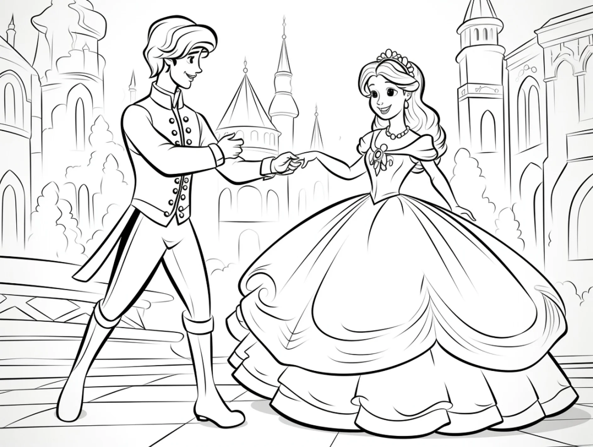 Vorlage Prinzessin und Prinz vor Schlosskulisse zum Ausmalen Ausmalbild Prinzessin und Prinz vor Schlosskulisse
