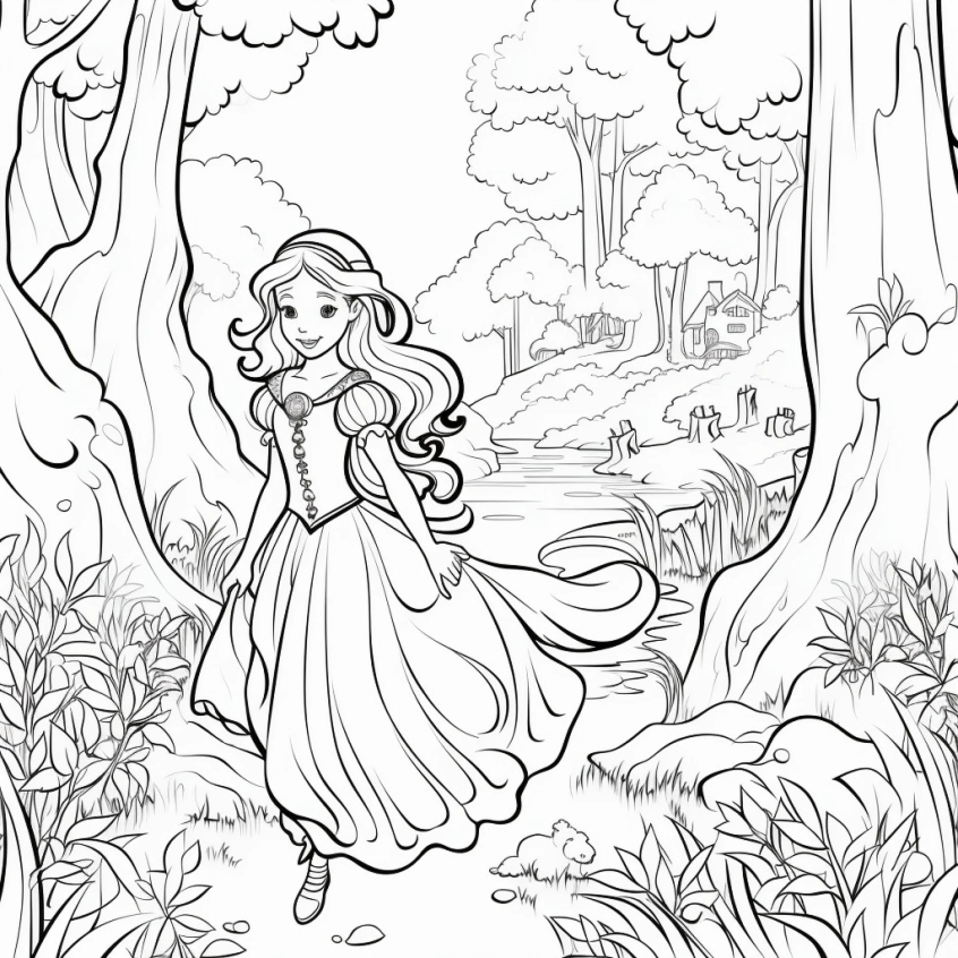 Vorlage Prinzessin wandert durch den Wald mit Flussblick zum Ausmalen Ausmalbild Prinzessin wandert durch den Wald mit Flussblick