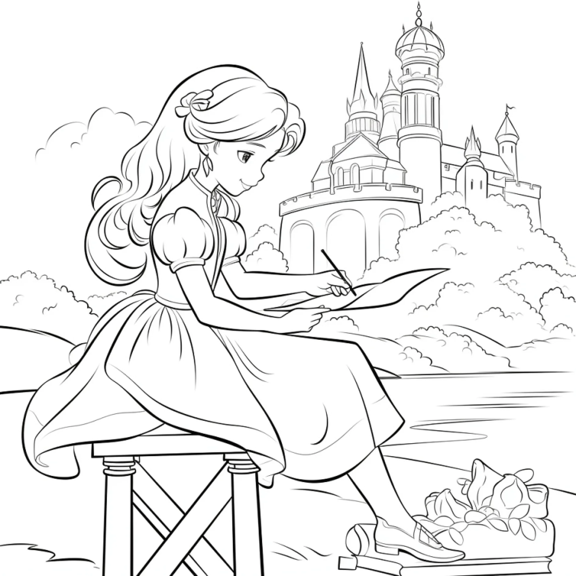 Vorlage Prinzessin schreibt an Ufer mit Schloss im Hintergrund zum Ausmalen Ausmalbild Prinzessin schreibt an Ufer mit Schloss im Hintergrund