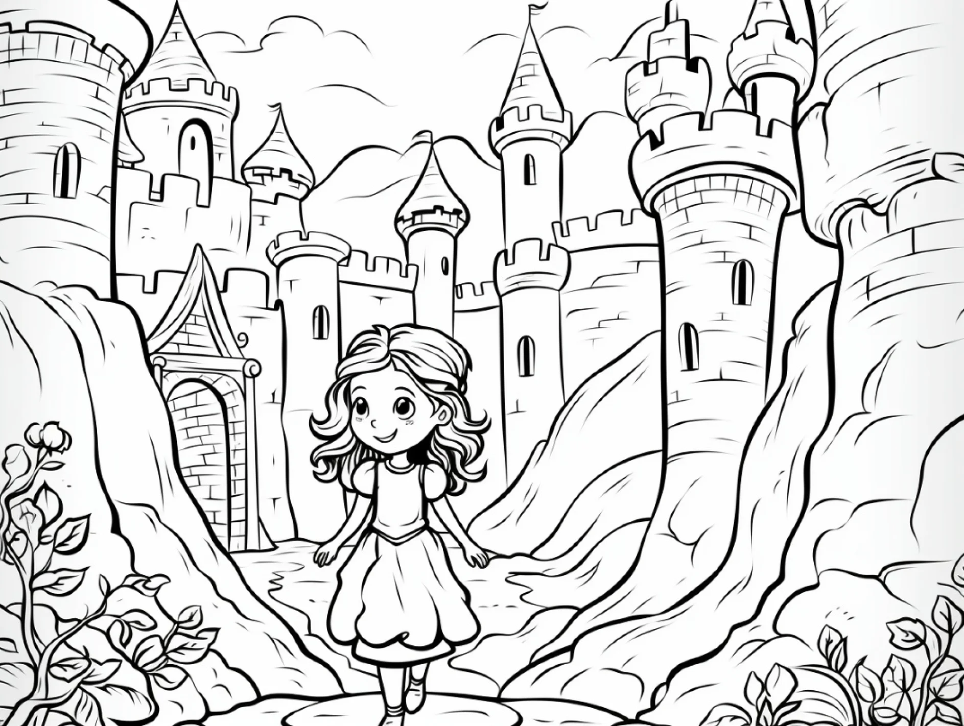 Vorlage kleine Prinzessin vor Schloss mit Blumen zum Ausmalen Ausmalbild kleine Prinzessin vor Schloss mit BlumenAusmalbild kleine Prinzessin vor Schloss mit Blumen