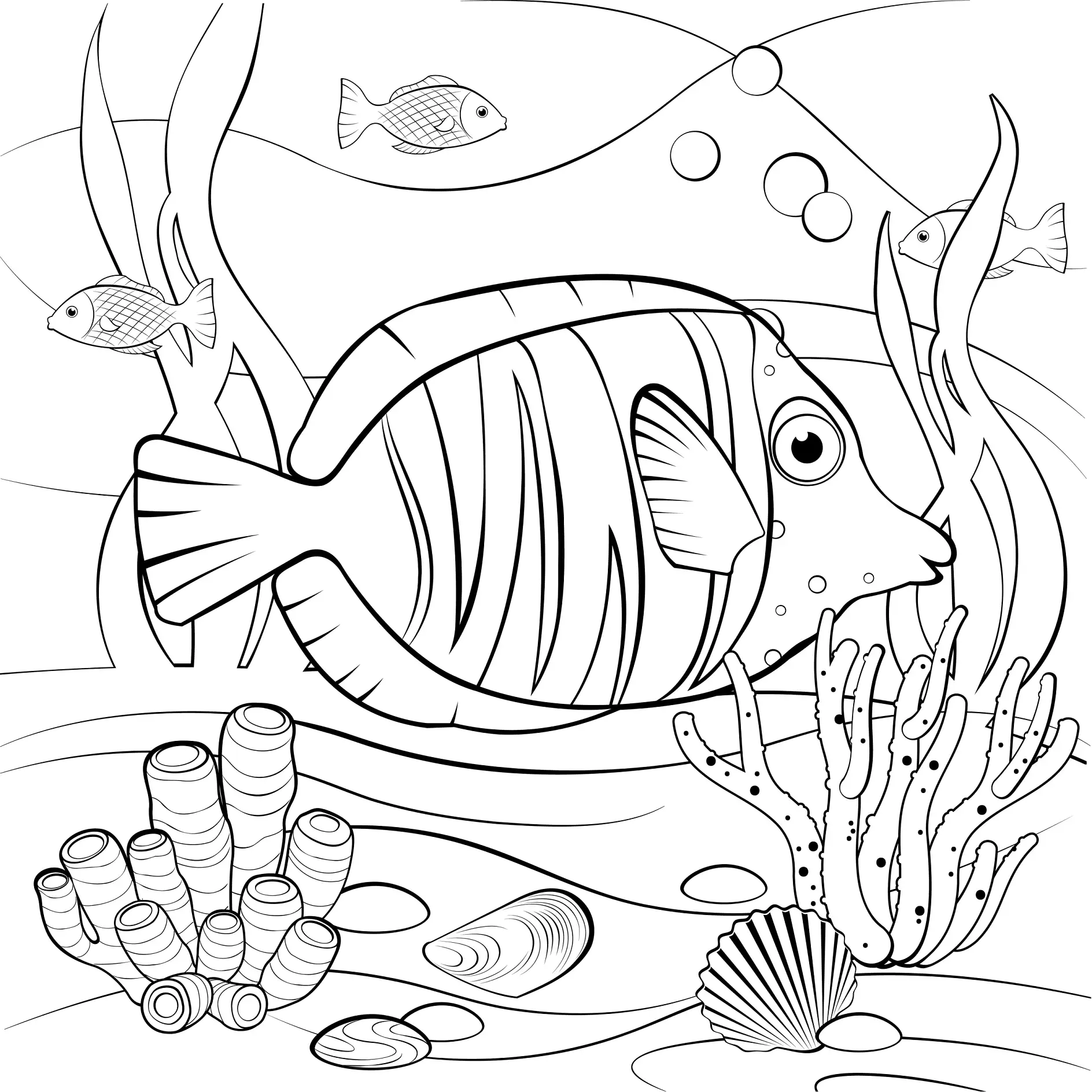 Underwater scene with cute tropical fish and coral reef. Printable coloring page for kids. Black and white vector illustration