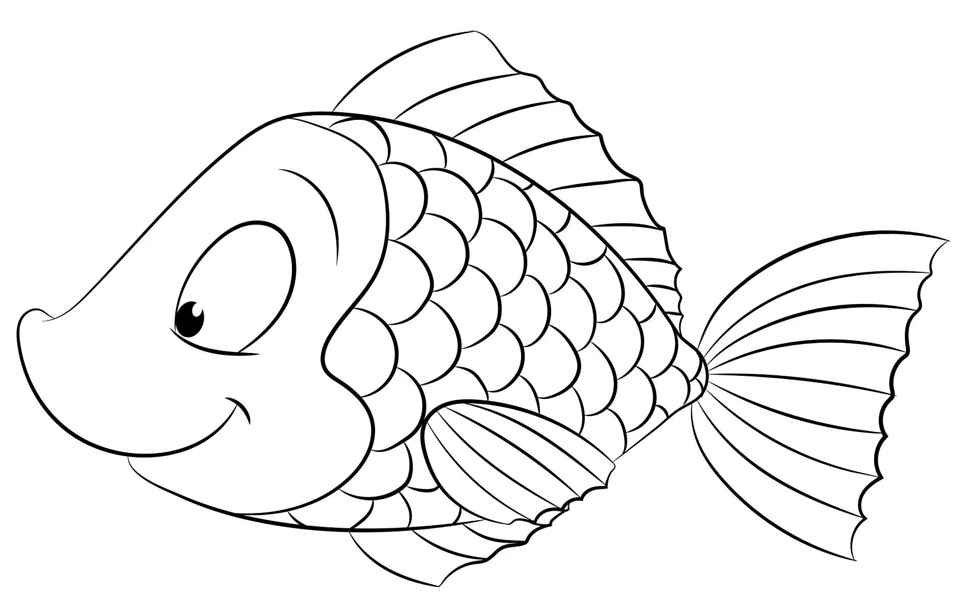 Ausmalbild Fisch mit lächelndem Gesicht und detaillierten Schuppen