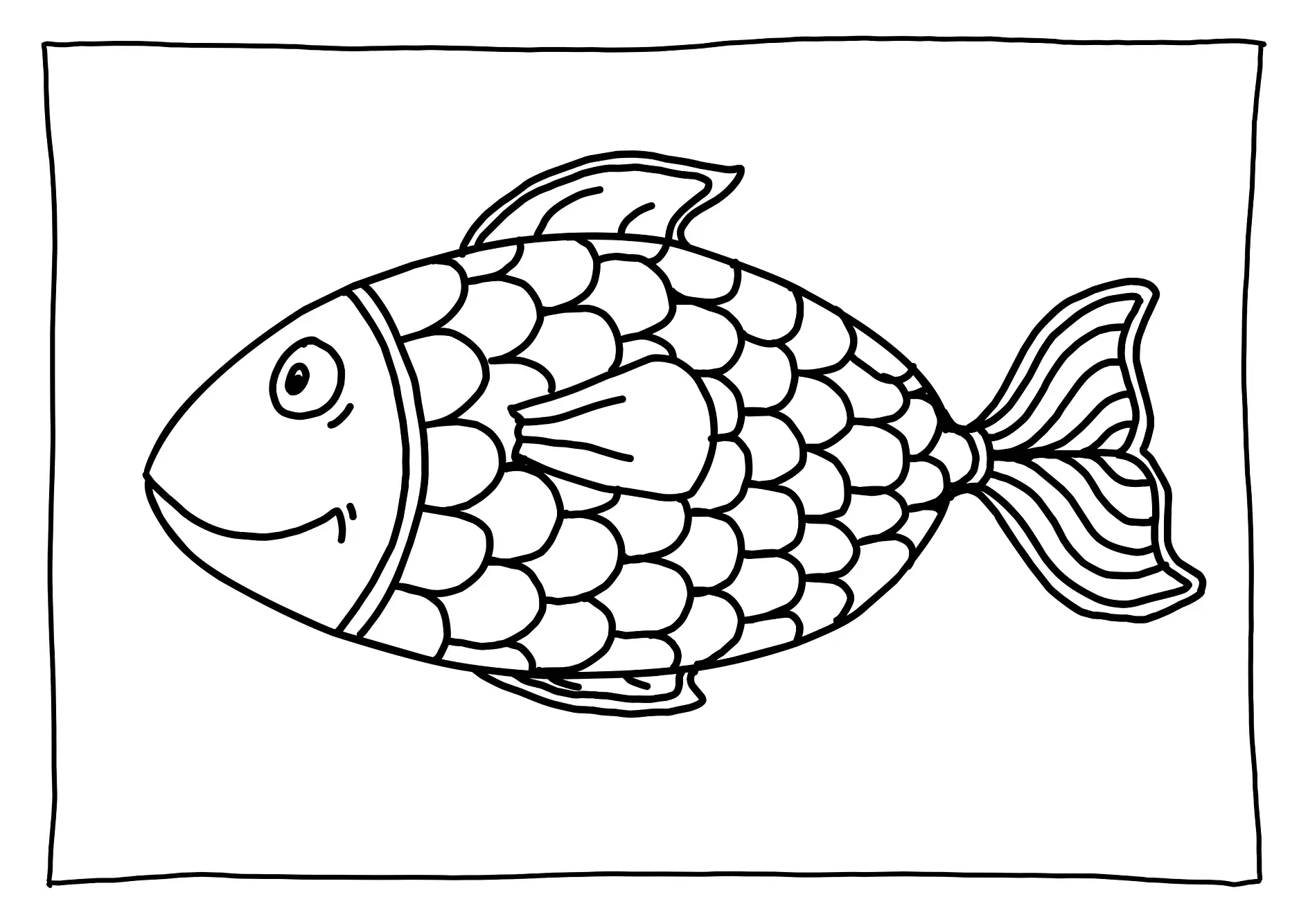 Ausmalbild Fisch mit Schuppenmuster und lächelndem Gesicht