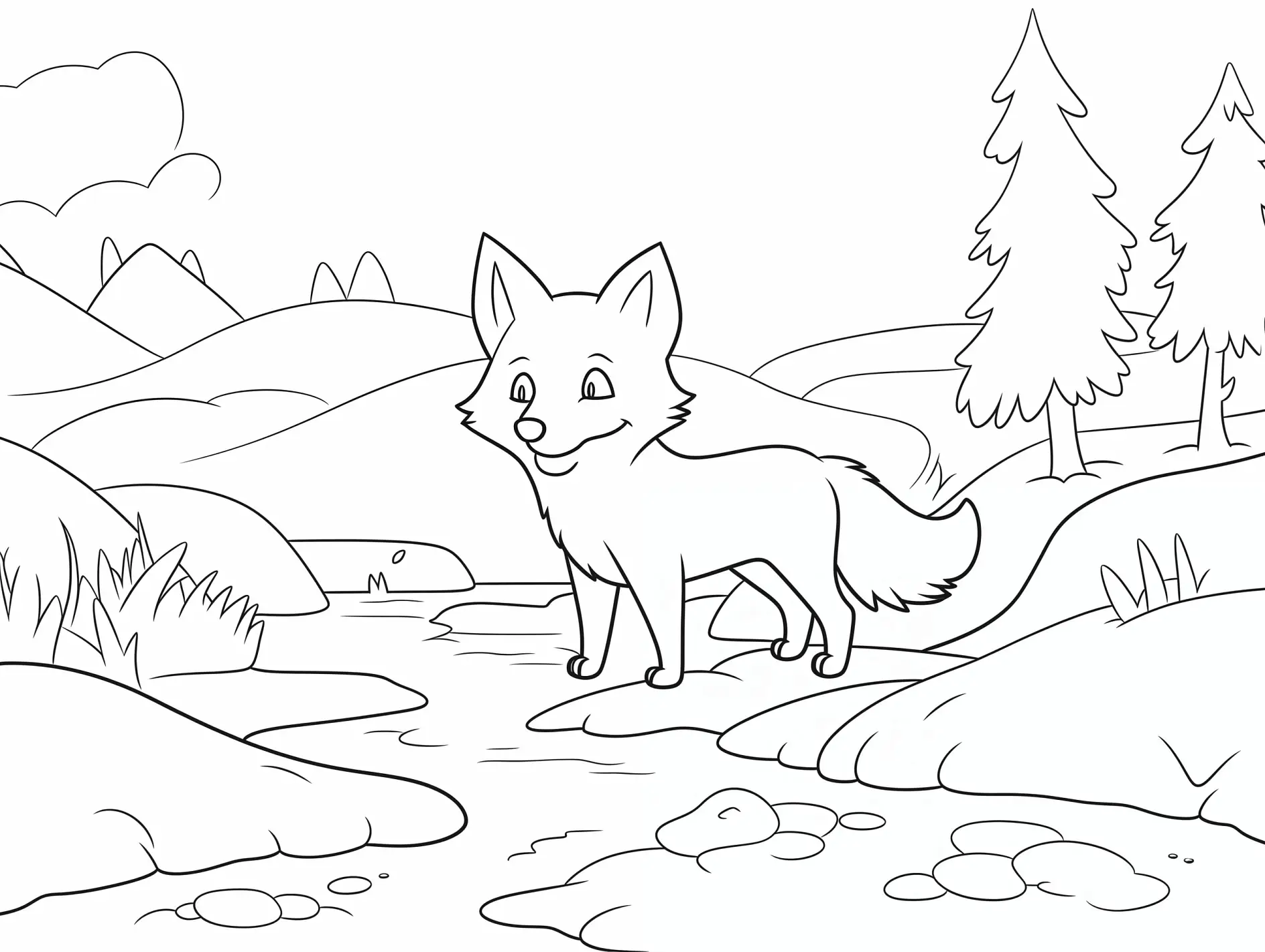 Ausmalbild Fuchs am Flussufer mit Bergen im Hintergrund