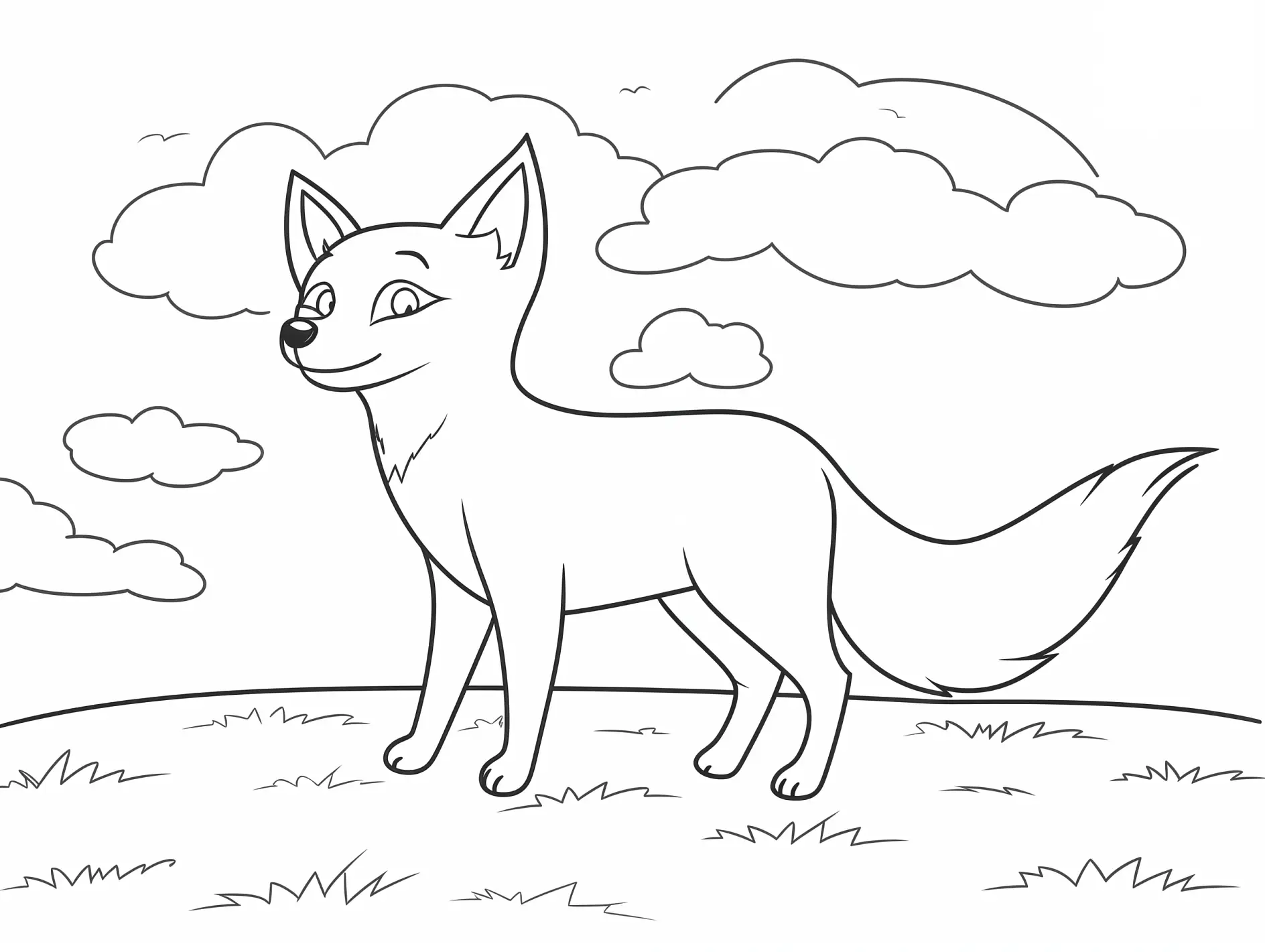 Ausmalbild Fuchs auf Hügel unter Wolkenhimmel