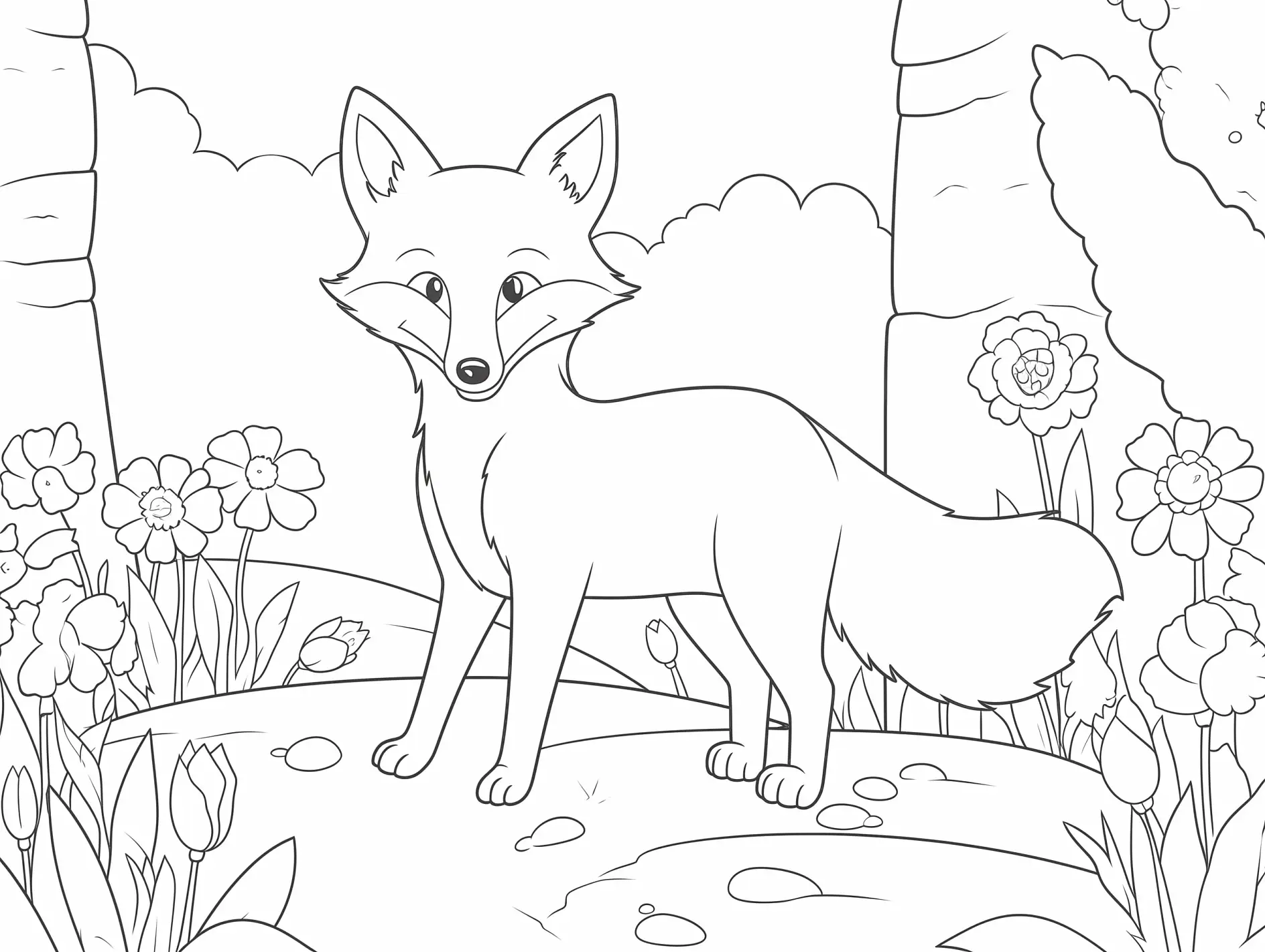 Ausmalbild Fuchs im Wald neben Blumenweg
