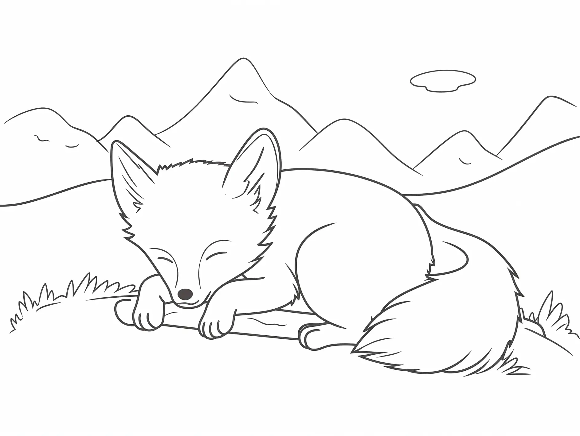 Ausmalbild Fuchs kuschelt sich in Wiese vor Bergen