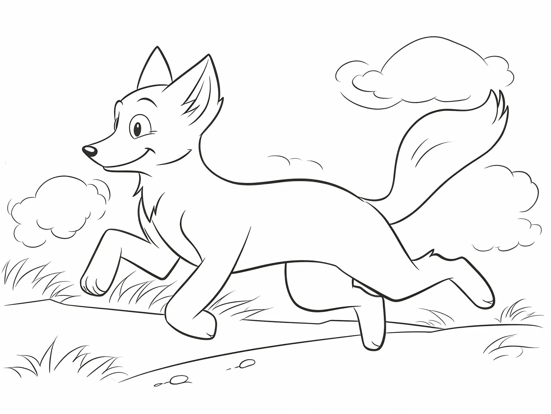 Ausmalbild Fuchs läuft fröhlich über die Wiese
