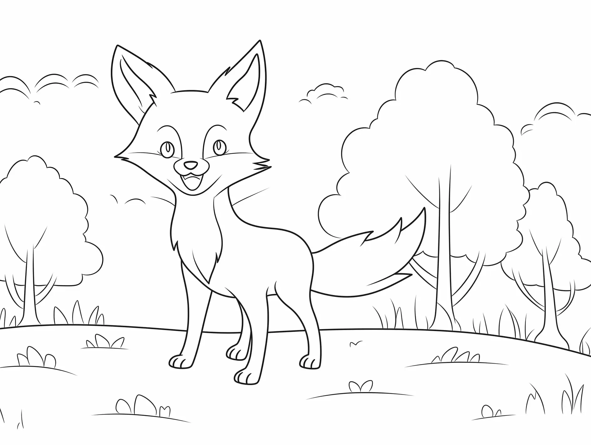 Ausmalbild Fuchs steht im Wald mit Bäumen