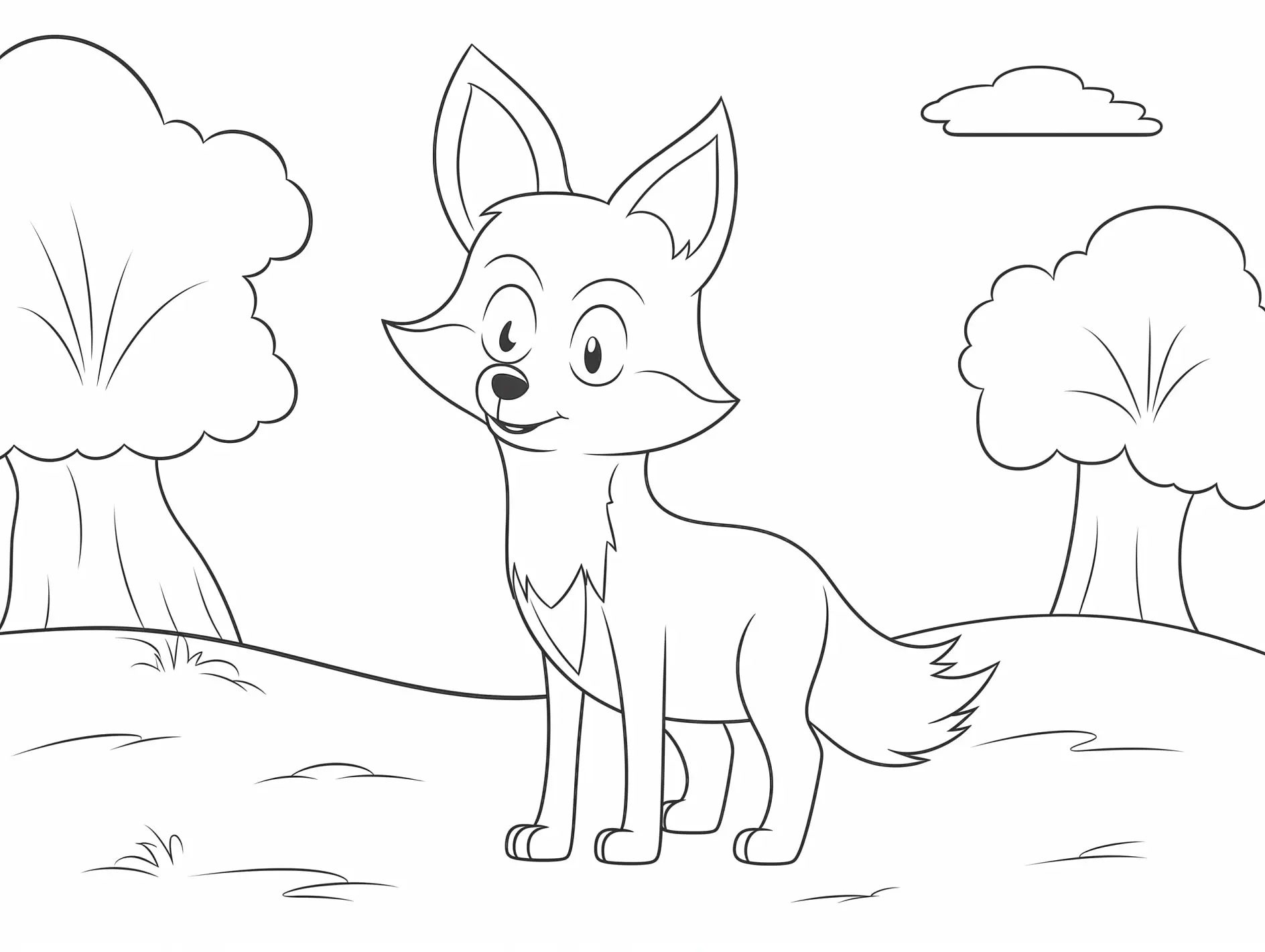 Ausmalbild Fuchs steht neugierig im Wald