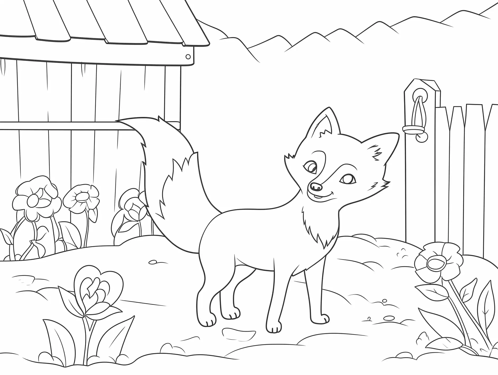 Ausmalbild Fuchs vor Gartenhütte und Zaun