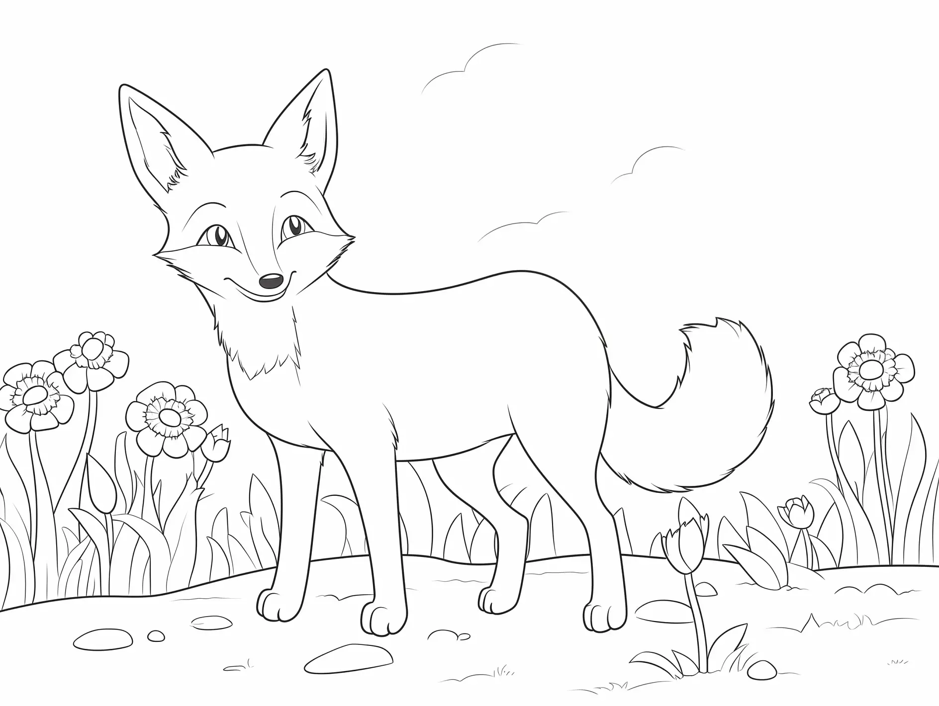 Ausmalbild Fuchs zwischen Blumen und Gras
