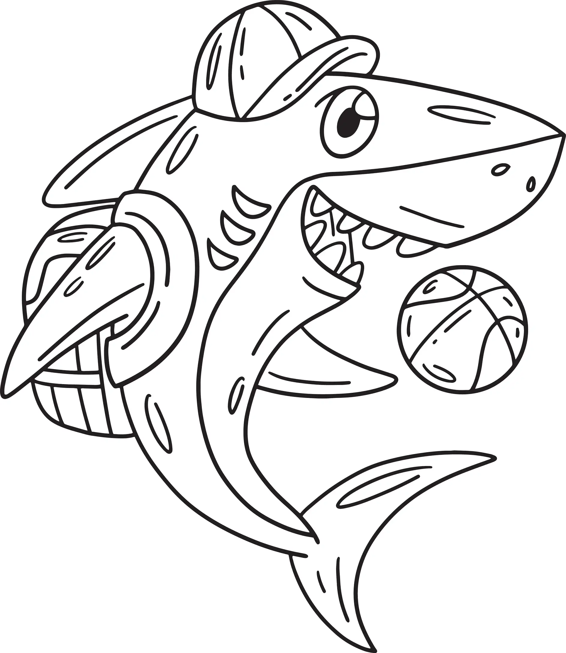 Ausmalbild Hai mit Rucksack und Kappe spielt Basketball