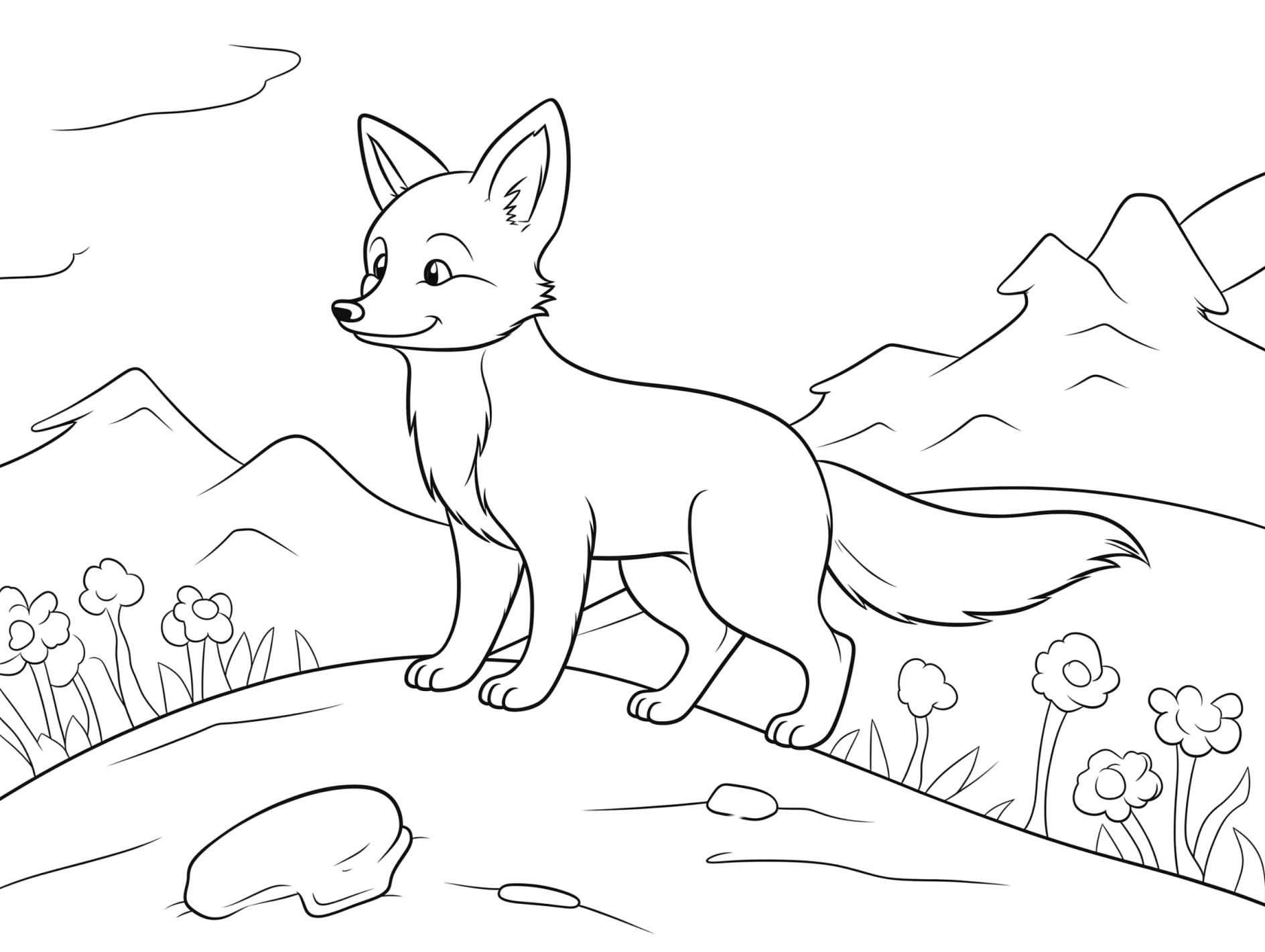 Vorlage Fuchs in den Bergen mit Blumen zum Ausmalen Ausmalbild Fuchs in den Bergen mit Blumen