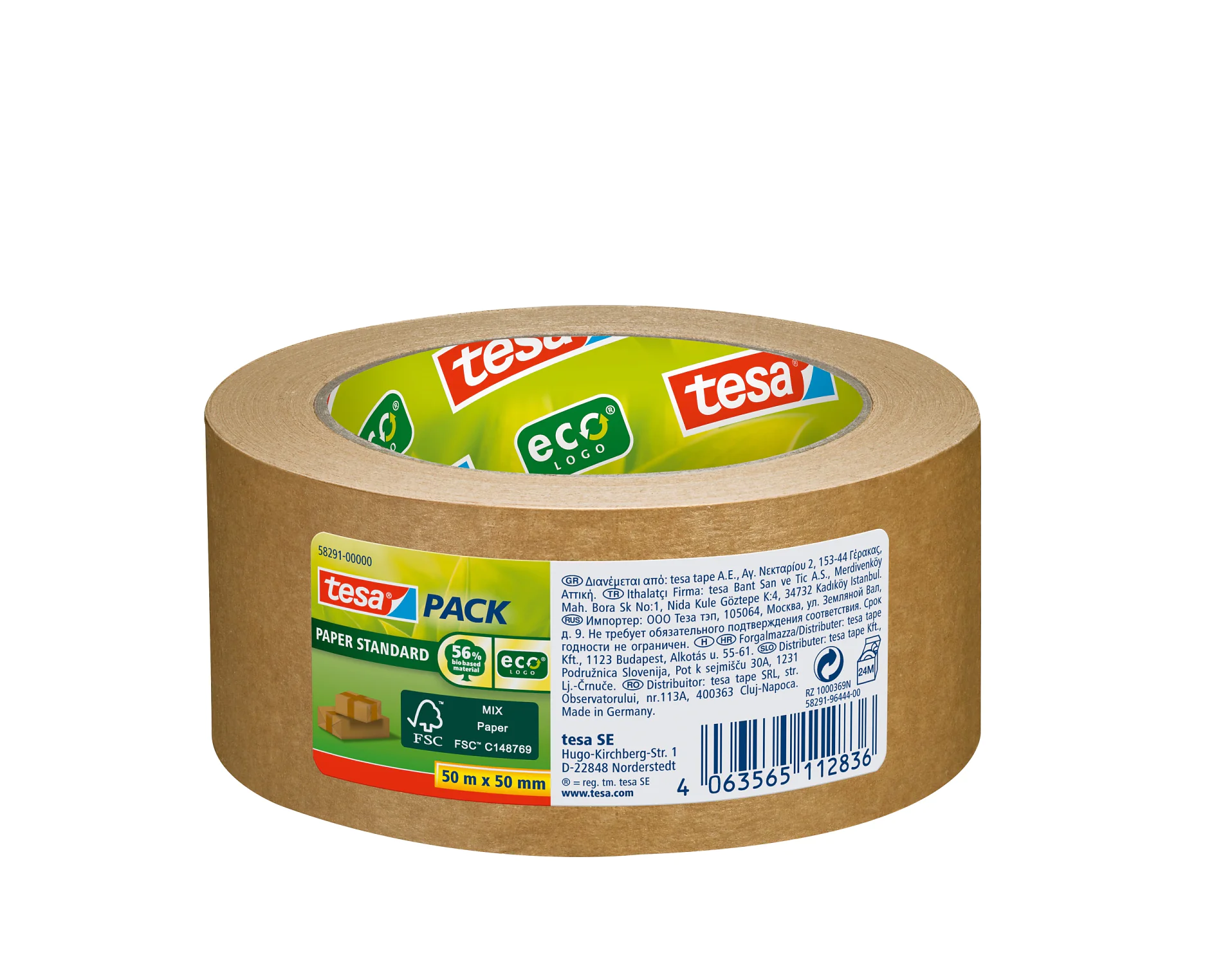 Eine Rolle umweltfreundliches Papierklebeband von tesa tape. Es hat eine braune Oberfläche mit Etiketten, auf denen die Marke tesa sowie die Öko- und FSC-Logos zu sehen sind. Das tesa-Band ist 50 mm breit und 50 m lang, in Deutschland hergestellt und weist Produktdetails und Strichcode auf. (This text has been generated by AI)