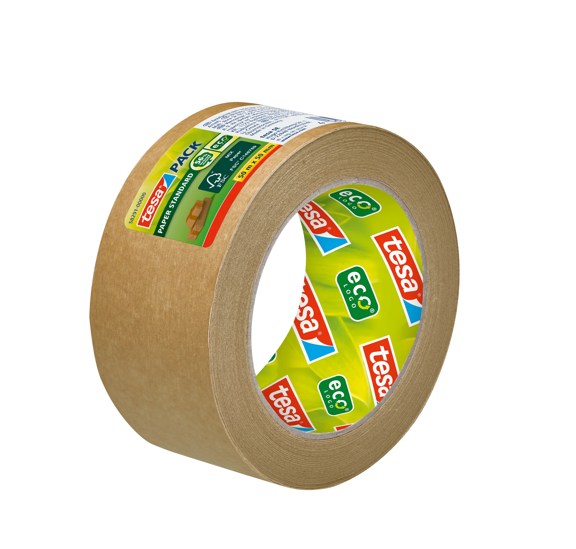 Eine Rolle tesa Eco-Klebeband mit brauner Außenfläche und einem Etikett mit dem tesa-Logo. Der innere Kern ist mit grünen und gelben Mustern verziert, die auf die Umweltfreundlichkeit des Produkts hinweisen. (This text has been generated by AI)