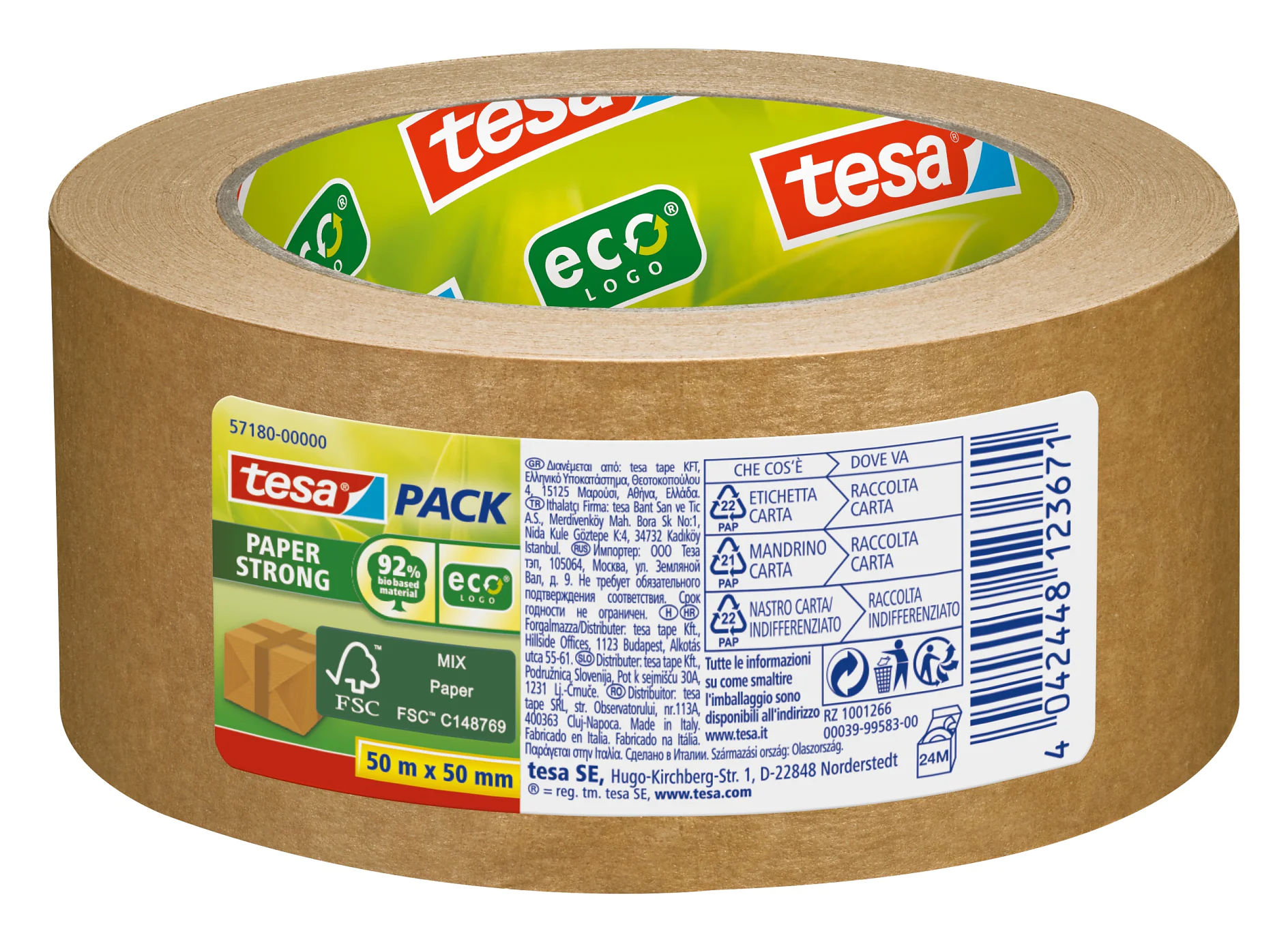 Eine Rolle braunes Tesa-Verpackungsband aus Papier mit Markenlogo und umweltfreundlichen Etiketten auf der Innenrolle und der Außenverpackung. Das vergrößerte Etikett bietet Produkt- und Recyclinginformationen in mehreren Sprachen. (This text has been generated by AI)
