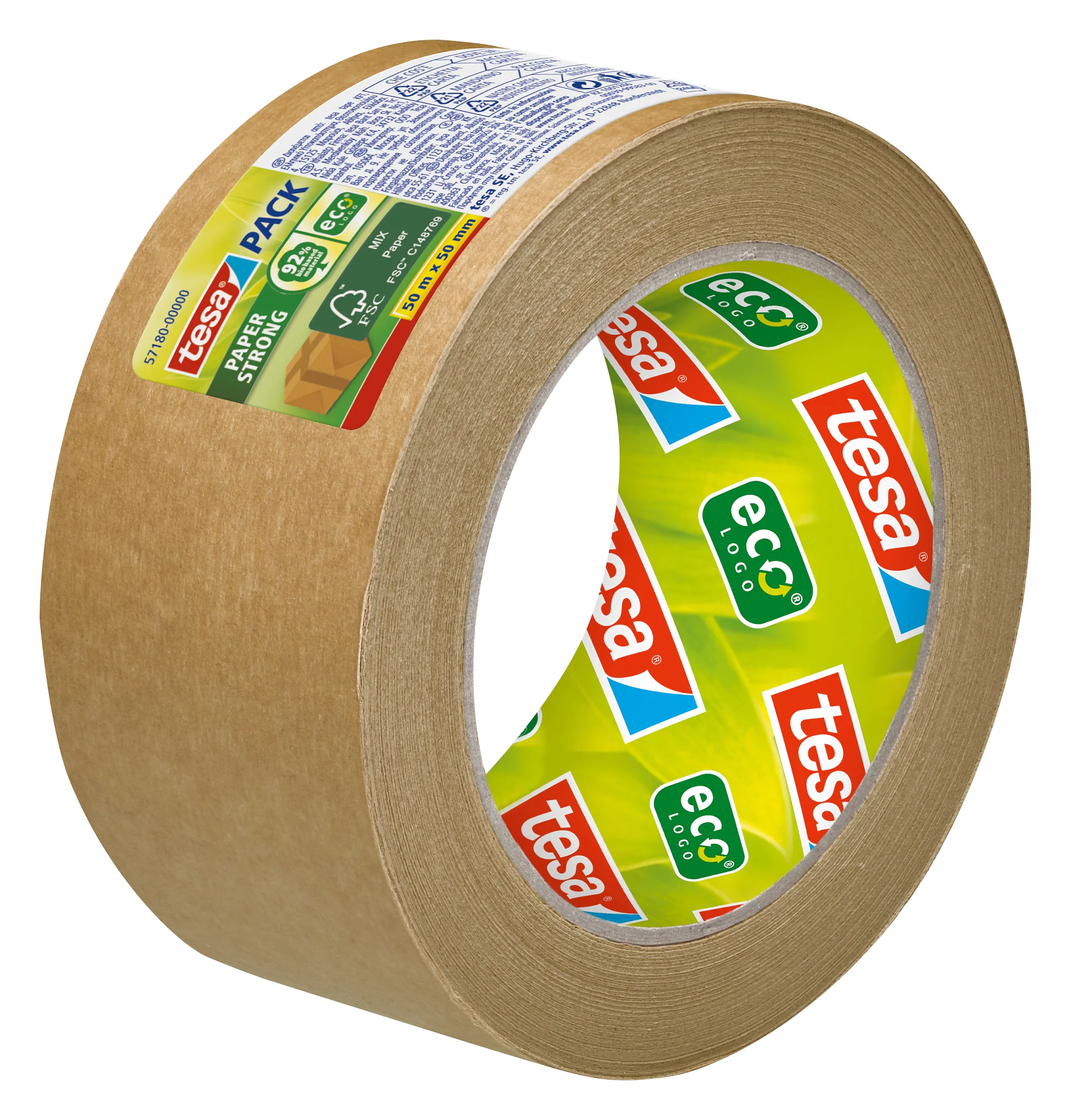 Eine Rolle braunes tesa ecoLogo-Packband auf weißem Hintergrund. Das äußere Etikett zeigt Text und grüne umweltfreundliche Symbole, während die Innenseite leuchtende Farben mit dem tesa- und ecoLogo-Branding aufweist. (This text has been generated by AI)