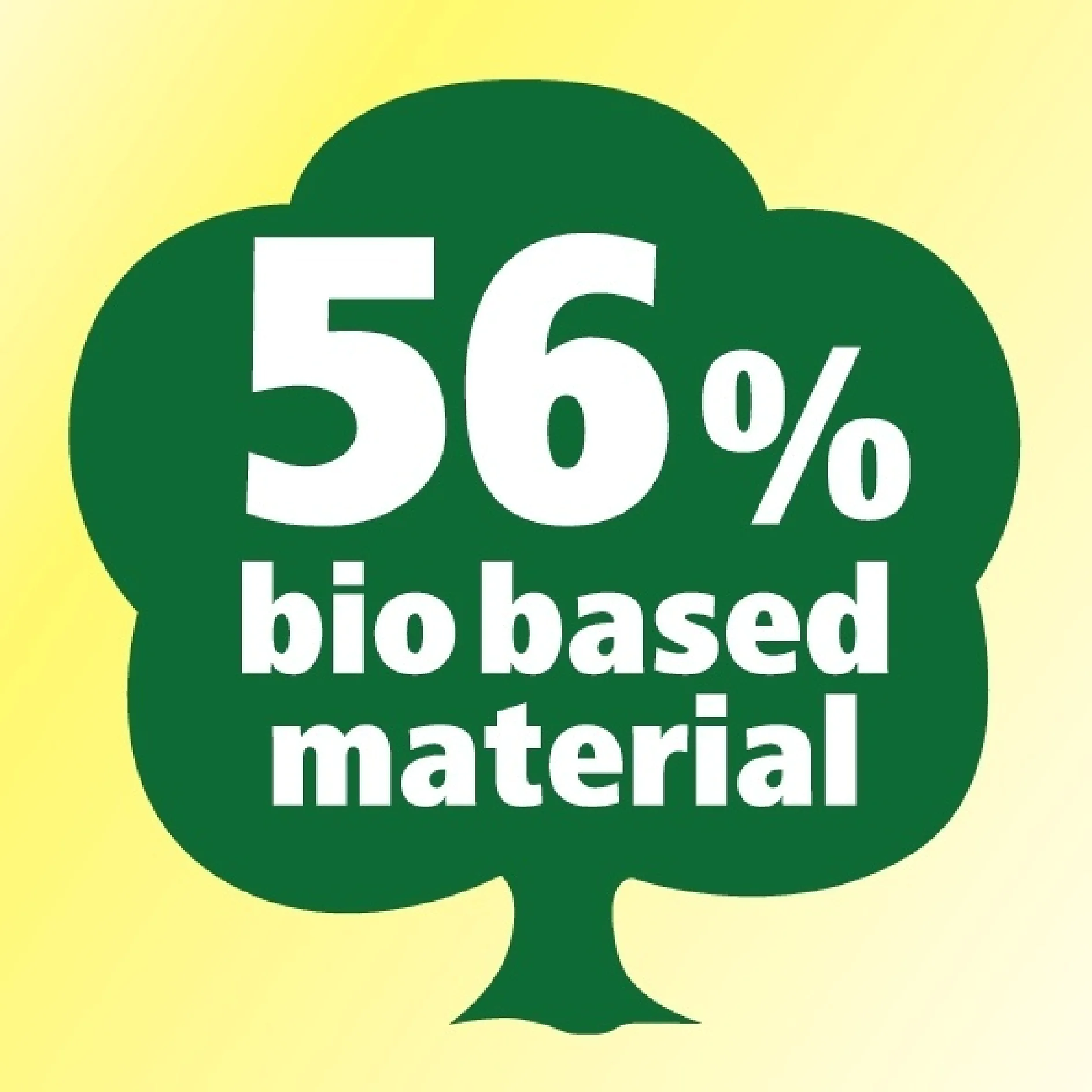 Eine grüne baumförmige Grafik auf einem gelben Hintergrund mit Farbverlauf zeigt den Text „56 % biobasiertes Material“ in weißen Buchstaben. (This text has been generated by AI)