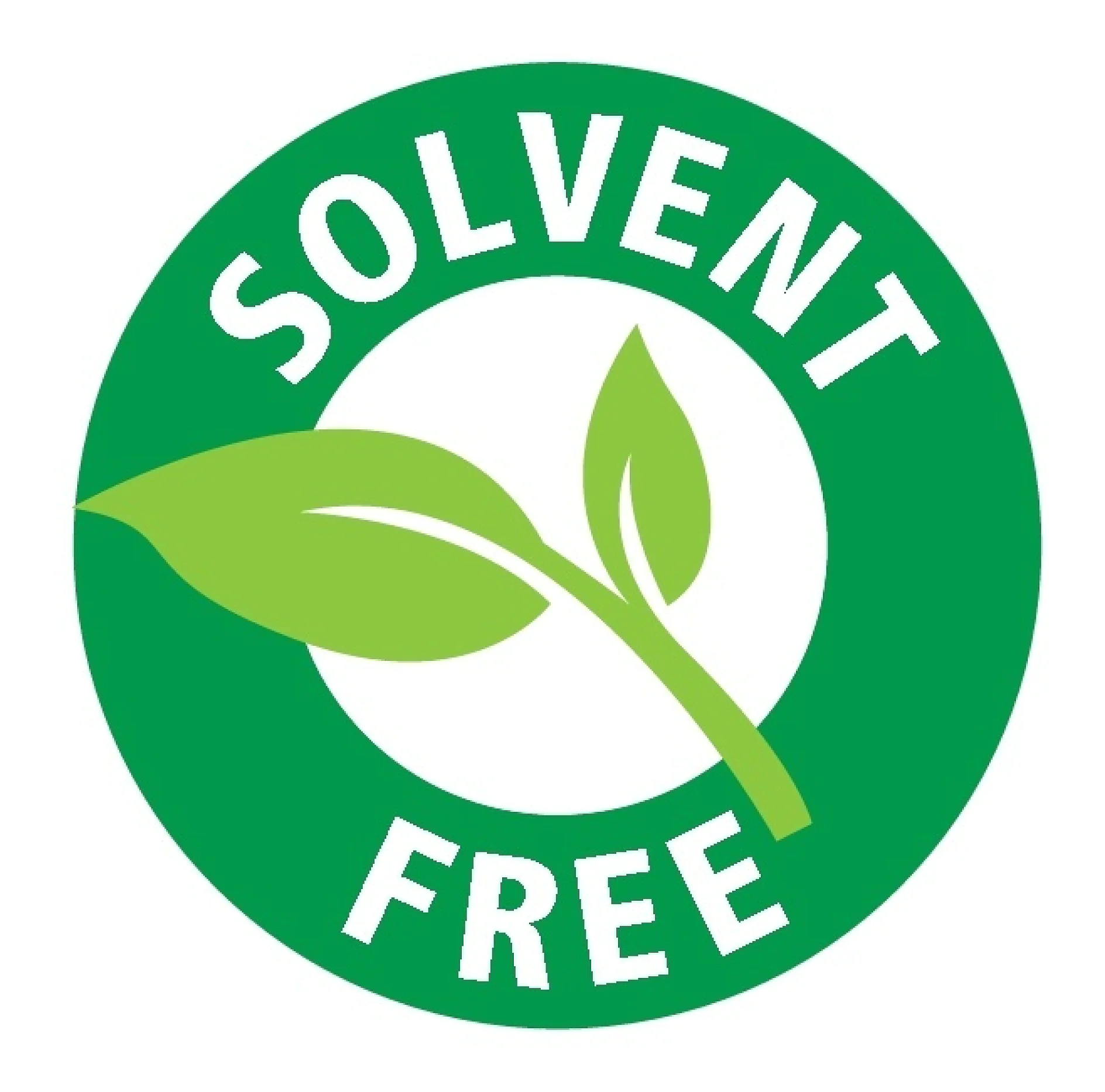 Ein rundes grünes Logo mit zwei hellgrünen Blättern in der Mitte. Die Worte „SOLVENT FREE“ sind in Weiß geschrieben und verlaufen bogenförmig über die Ober- und Unterseite des Kreises. (This text has been generated by AI)