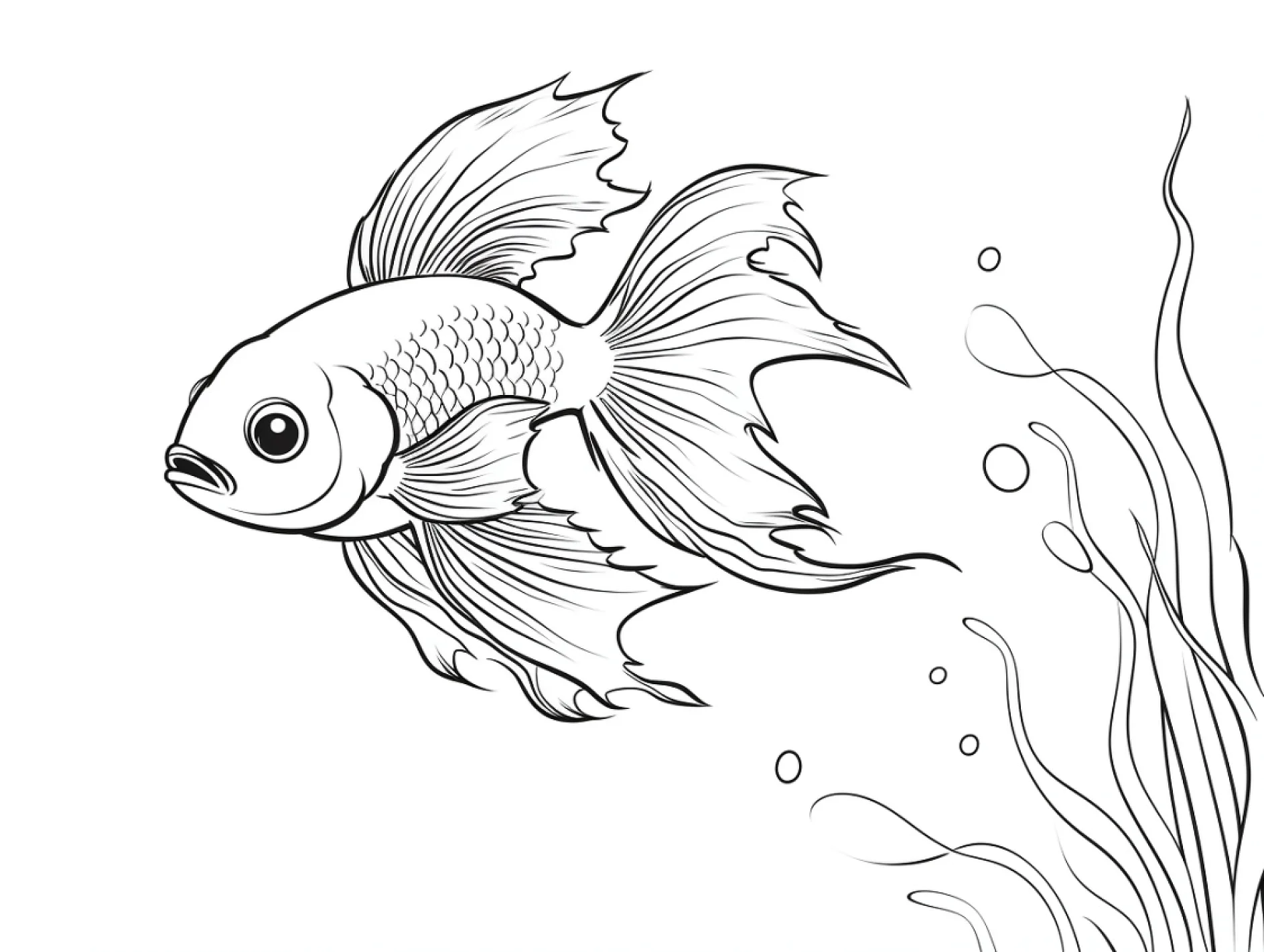 Vorlage Fisch schwimmt neben Wasserpflanzen zum Ausmalen Ausmalbild Fisch schwimmt neben Wasserpflanzen