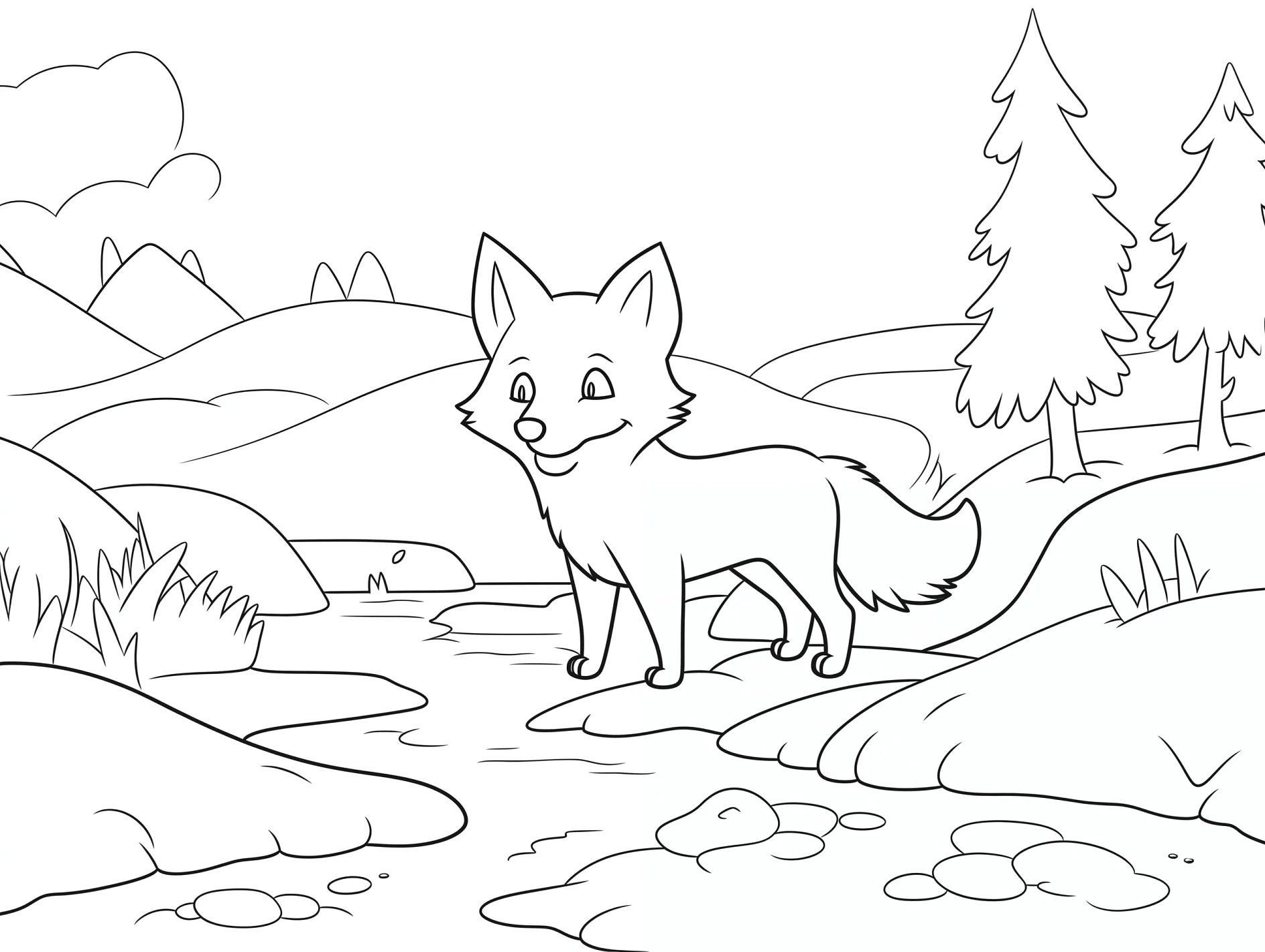 Vorlage Fuchs am Flussufer mit Bergen im Hintergrund zum Ausmalen Ausmalbild Fuchs am Flussufer mit Bergen im Hintergrund