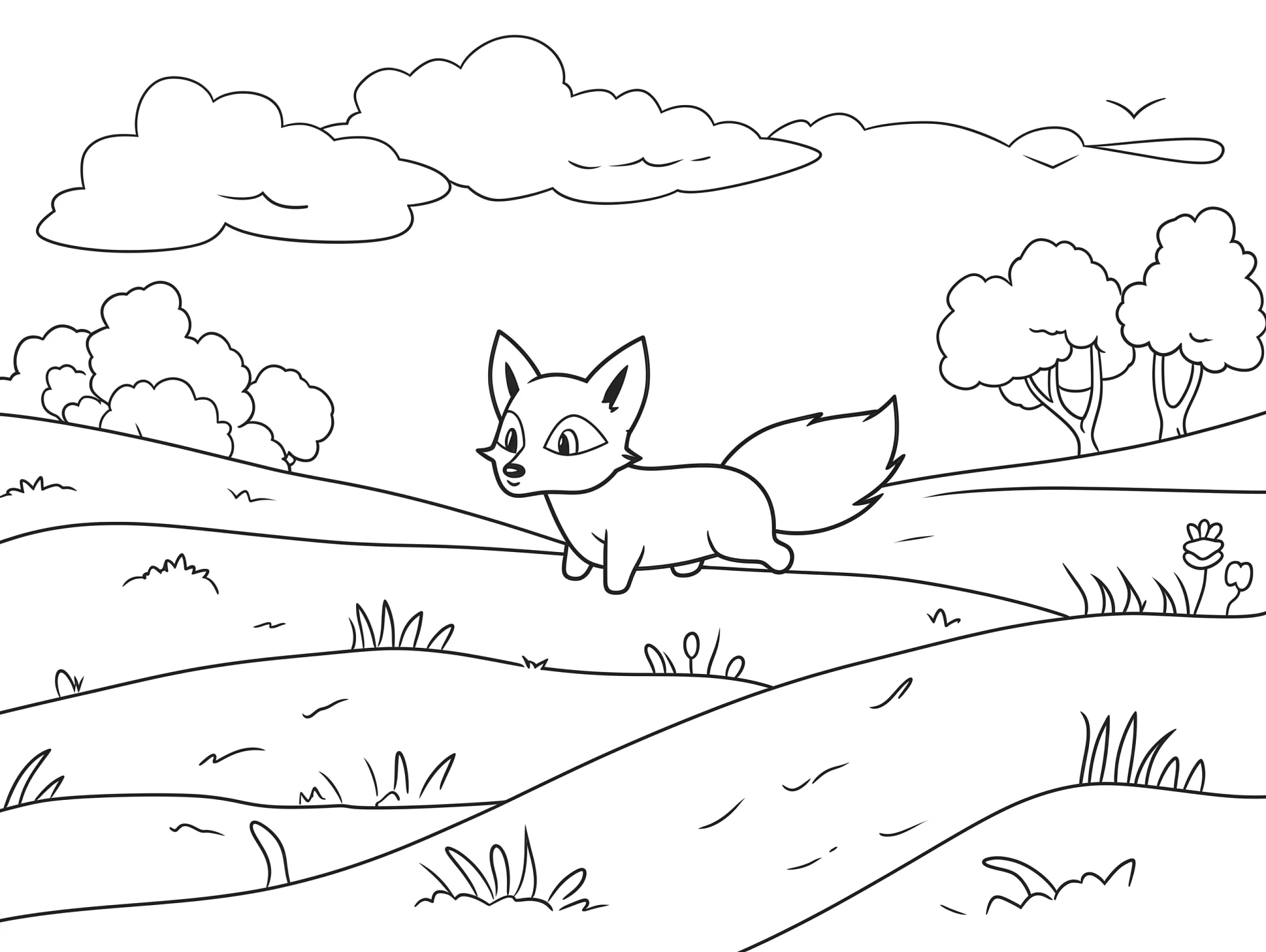 Vorlage Fuchs erkundet hügelige Landschaft zum Ausmalen Ausmalbild Fuchs erkundet hügelige Landschaft