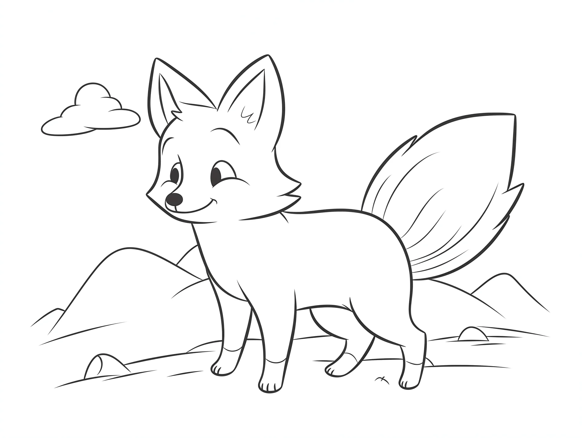 Vorlage Fuchs lächelnd in Berglandschaft zum Ausmalen Ausmalbild Fuchs lächelnd in Berglandschaft