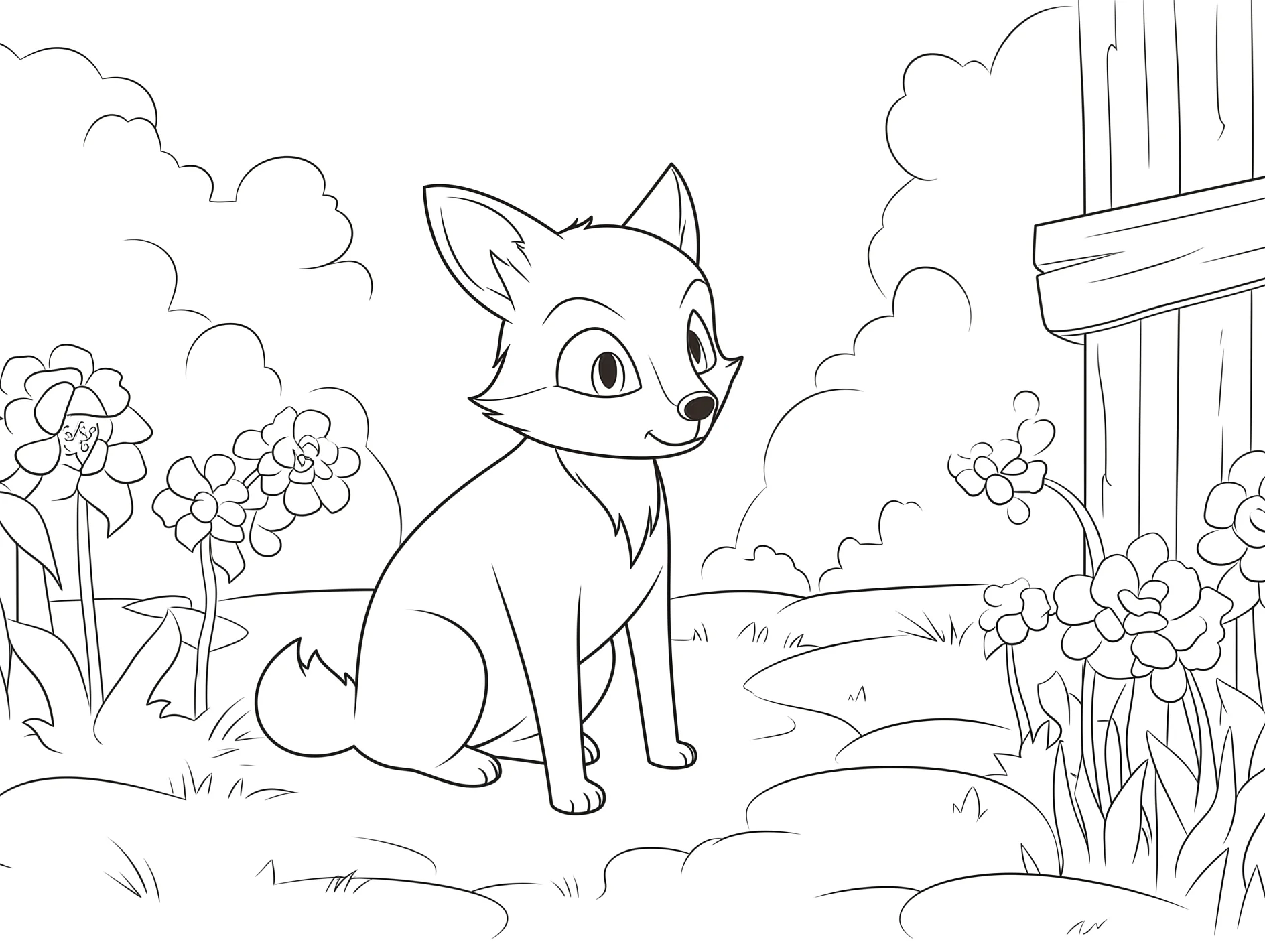 Vorlage Fuchs neben Holzzaun und Blumen zum Ausmalen Ausmalbild Fuchs neben Holzzaun und Blumen