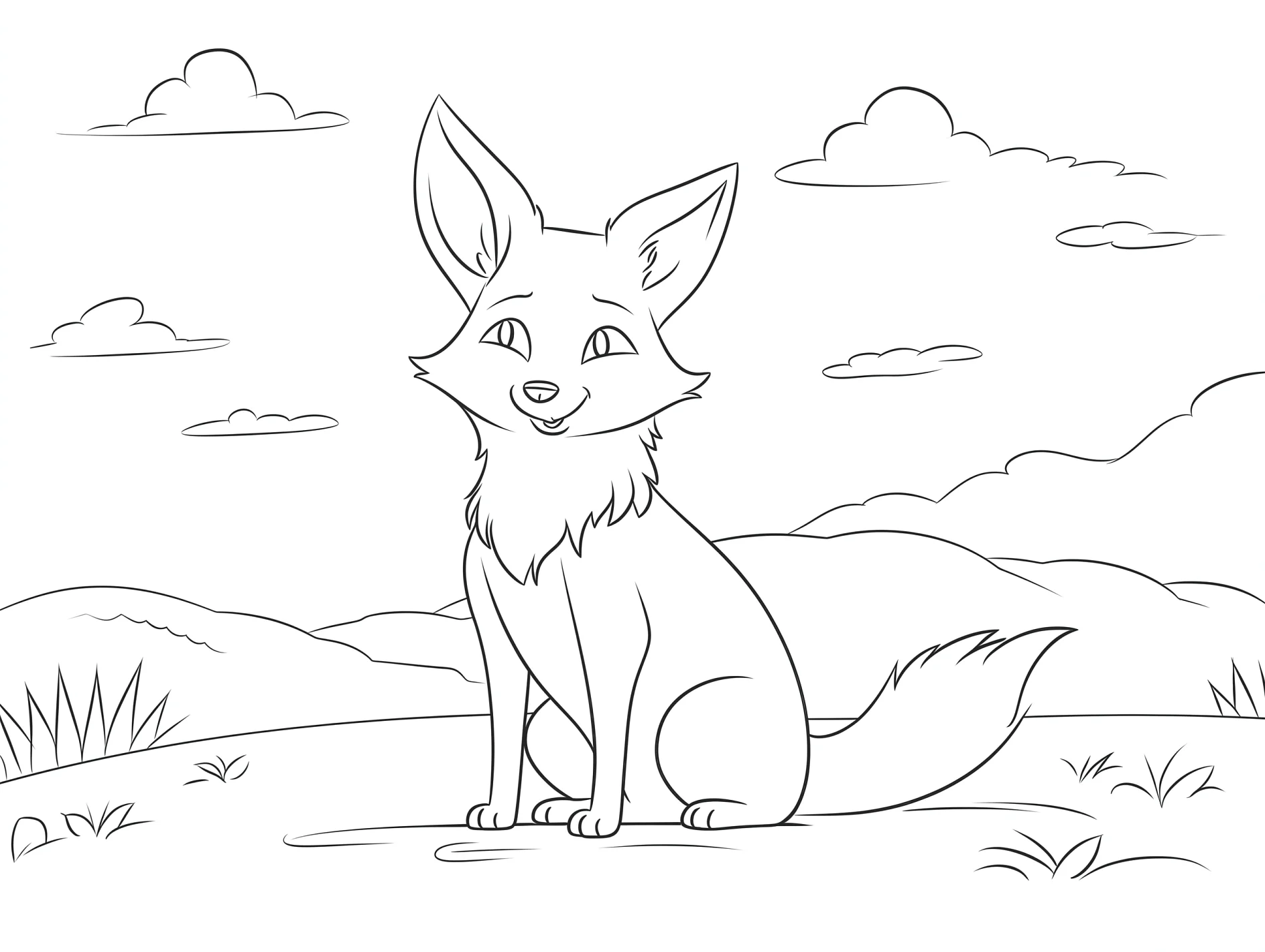 Vorlage Fuchs sitzend auf Hügel mit Wolken zum Ausmalen Ausmalbild Fuchs sitzend auf Hügel mit Wolken