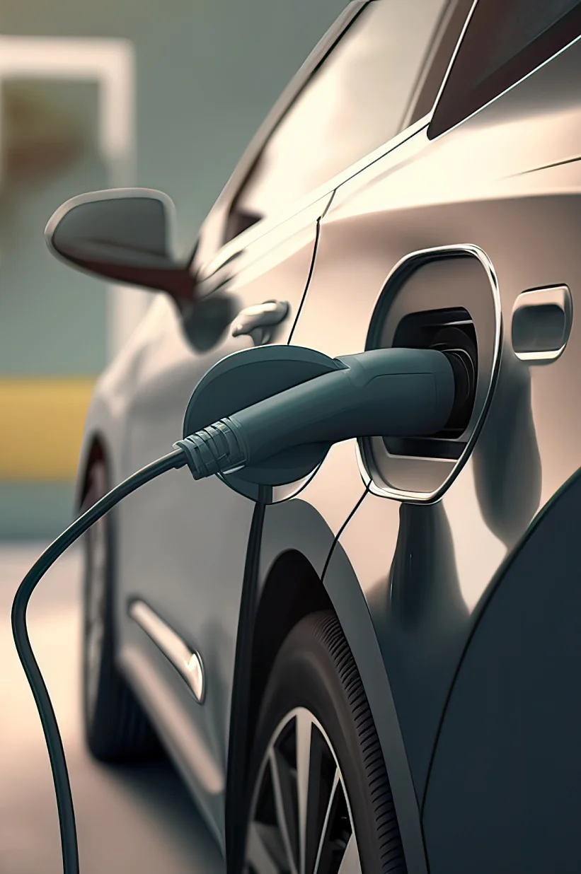 Ein elegantes, graues Elektroauto ist an eine Ladestation angeschlossen. Die Szenerie scheint ein Außenbereich zu sein, mit einem verschwommenen Hintergrund aus Gebäuden und Bäumen. Das Ladekabel ist seitlich am Auto eingesteckt und mit Tesa-Klebeband sicher befestigt. (This text has been generated by AI)