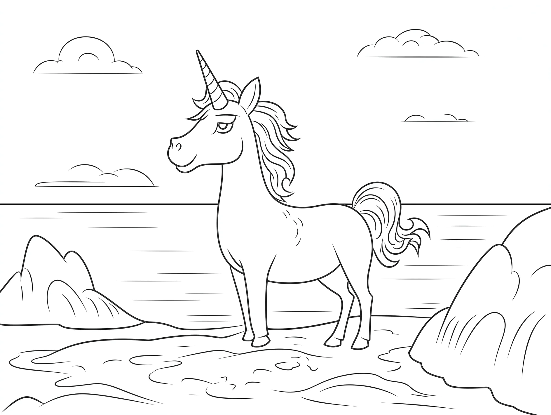 Vorlage Einhorn am Strand mit Wolken zum Ausmalen Ausmalbild Einhorn am Strand mit Wolken