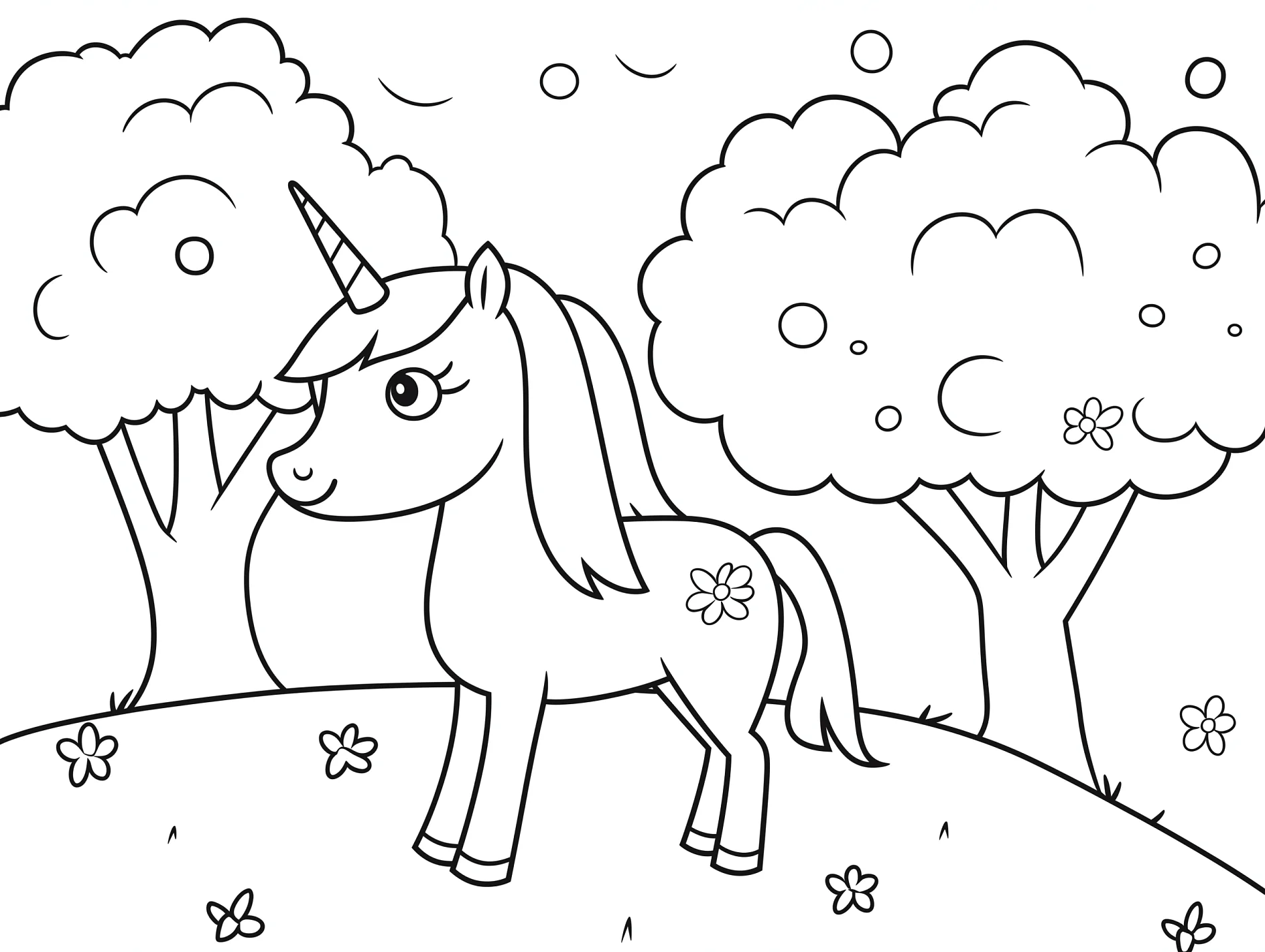 Vorlage Einhorn auf Blumenwiese mit Bäumen zum Ausmalen Ausmalbild Einhorn auf Blumenwiese mit Bäumen