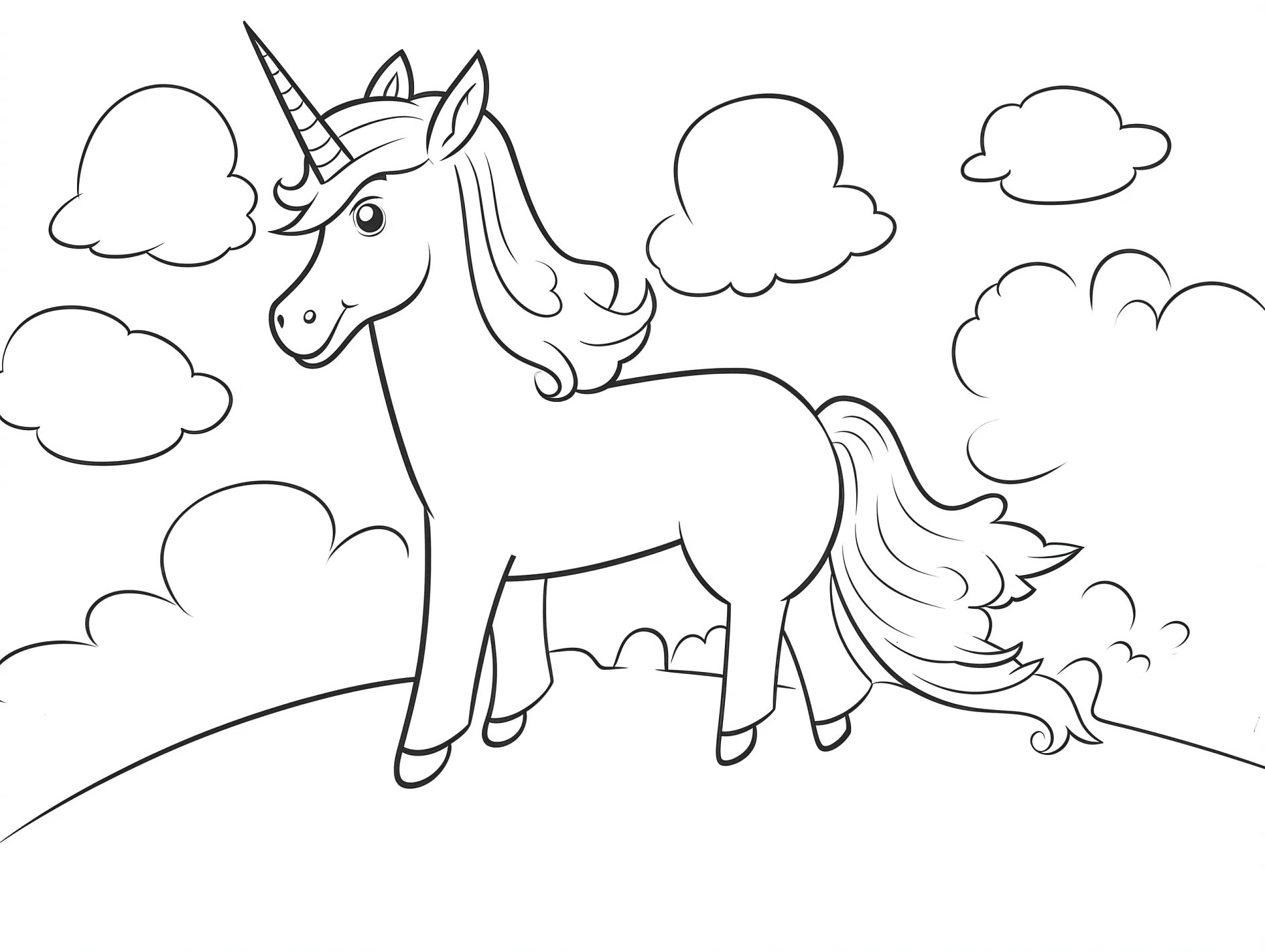 Vorlage Einhorn auf Hügel mit Wolken zum Ausmalen Ausmalbild Einhorn auf Hügel mit Wolken