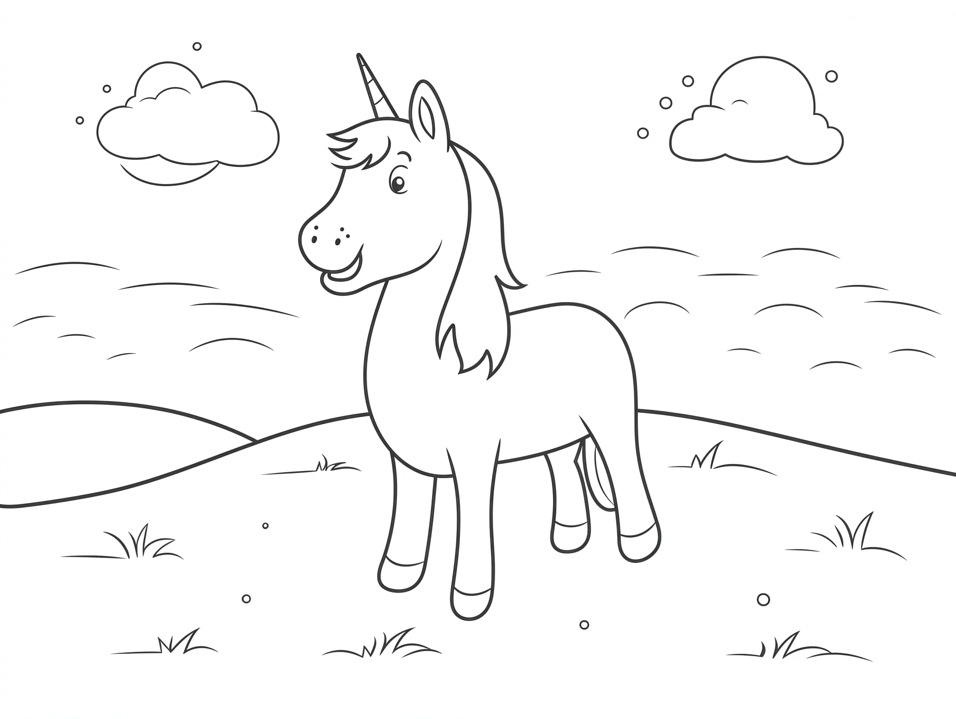 Vorlage Einhorn auf Wiese mit Wolken zum Ausmalen Ausmalbild Einhorn auf Wiese mit Wolken