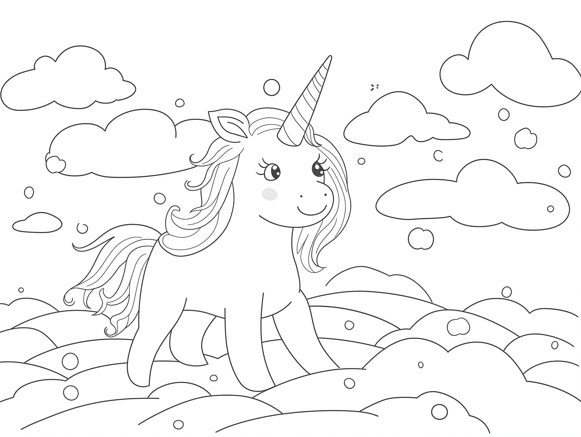 Vorlage Einhorn auf Wolken mit Schneeflocken zum Ausmalen Ausmalbild Einhorn auf Wolken mit Schneeflocken