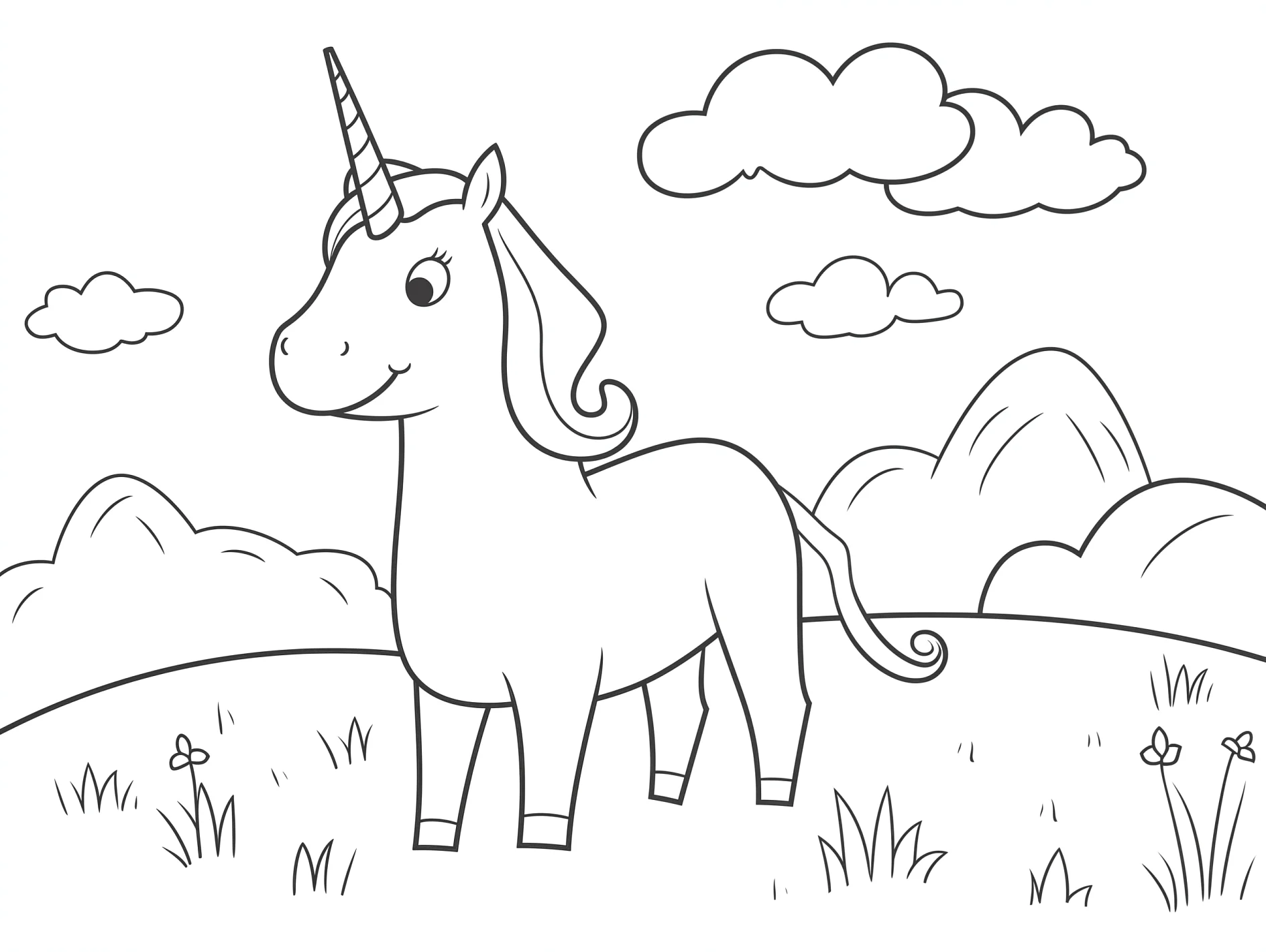 Vorlage Einhorn lächelnd mit Bergen und Gras zum Ausmalen Ausmalbild Einhorn lächelnd mit Bergen und Gras