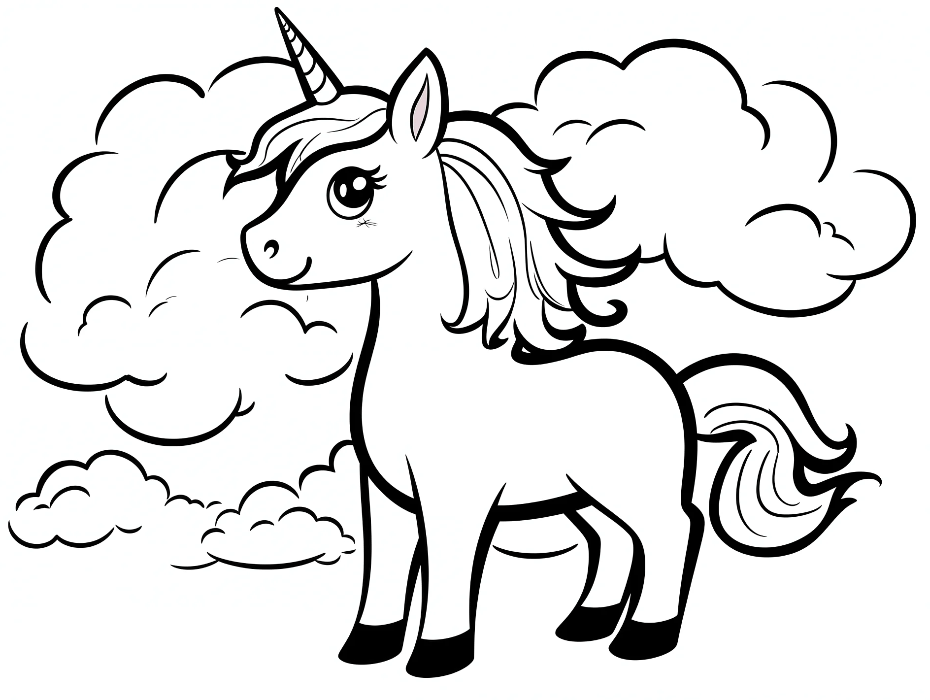 Vorlage Einhorn posierend mit lockiger Mähne und Wolken zum Ausmalen Ausmalbild Einhorn posierend mit lockiger Mähne und Wolken